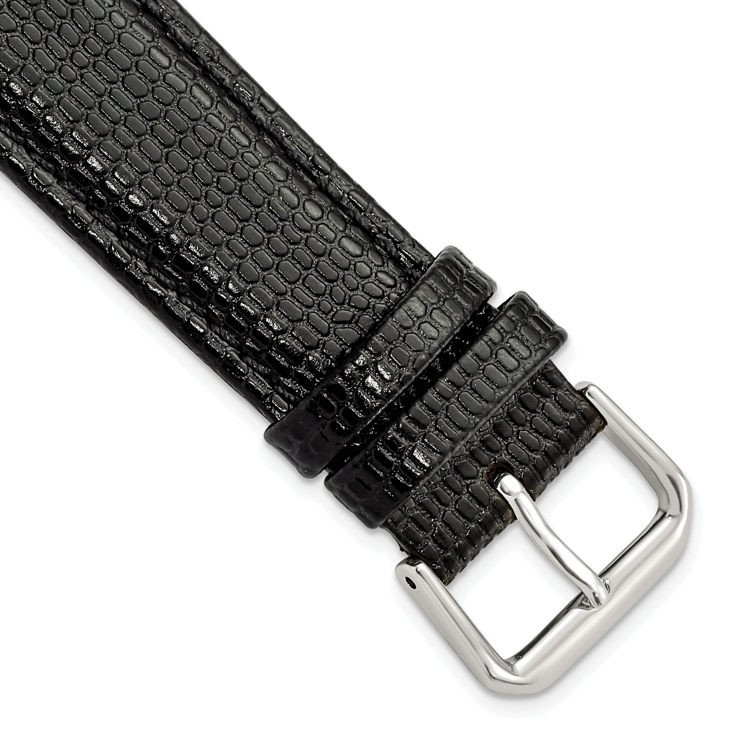 DeBeer 20mm Short Black Lizard Grain Leather with Silver-tone Buckle 6.75 inch Watch Band