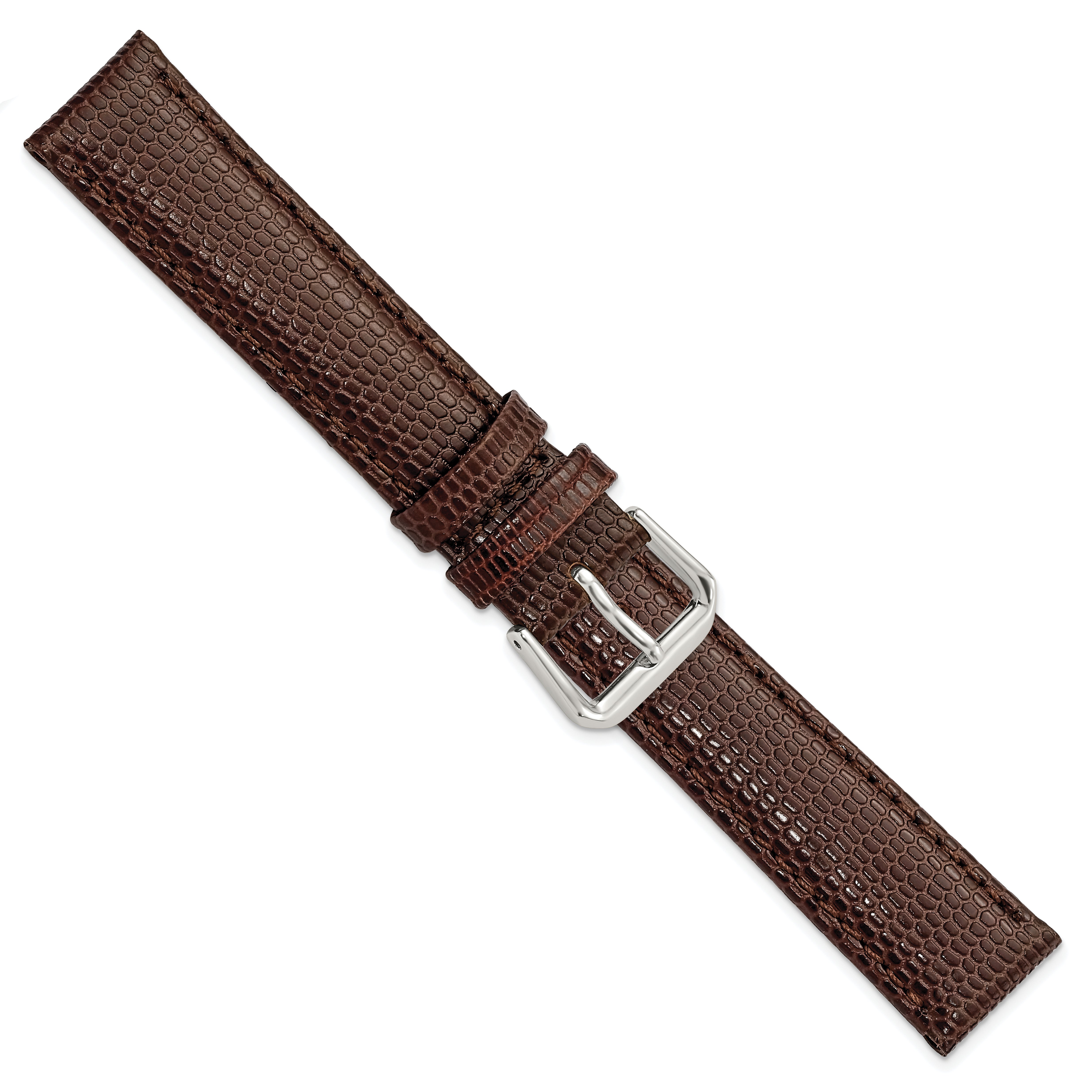 17mm Dark Brown Lizard Grain Leather with Silver-tone Buckle 7.5 inch Watch Band