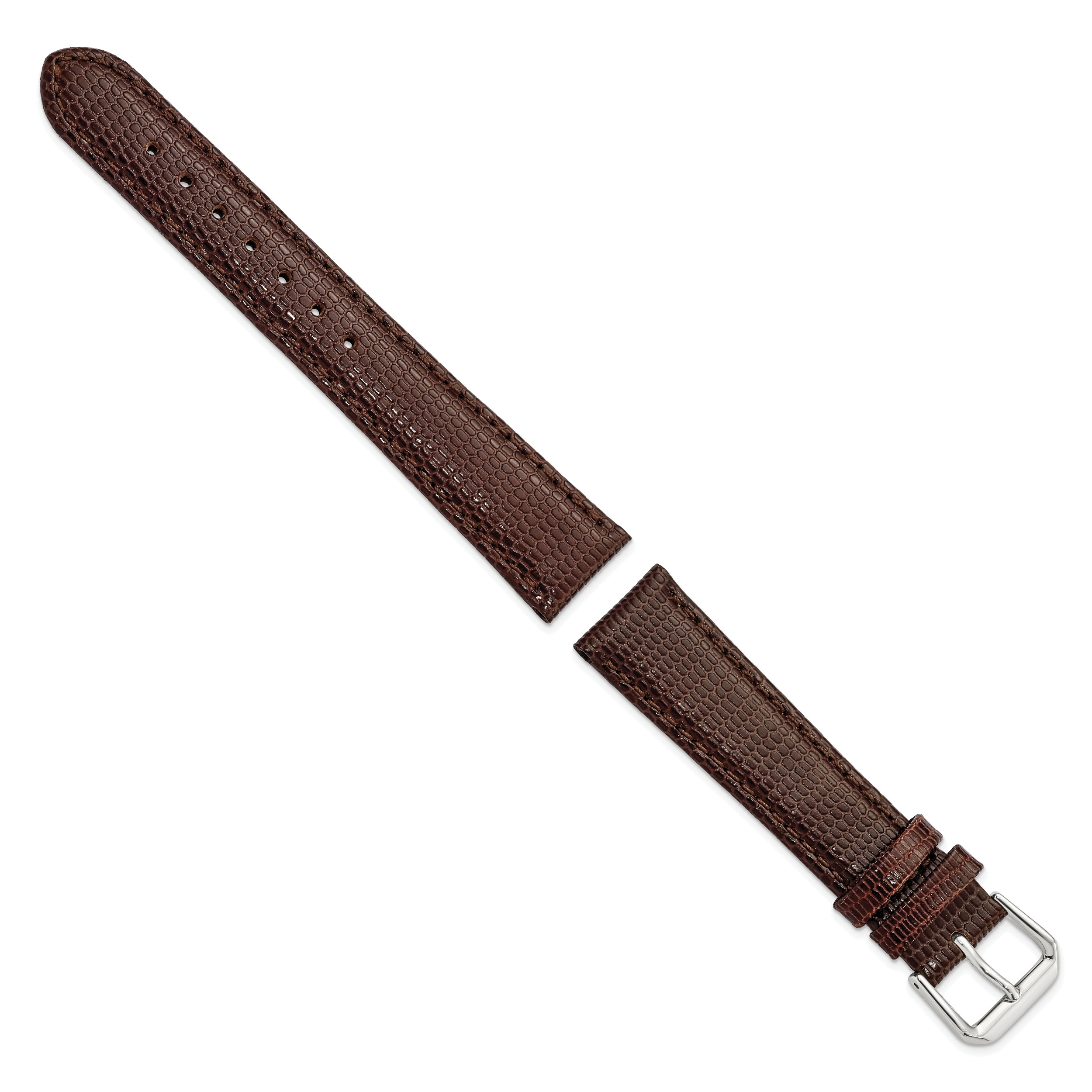 17mm Dark Brown Lizard Grain Leather with Silver-tone Buckle 7.5 inch Watch Band