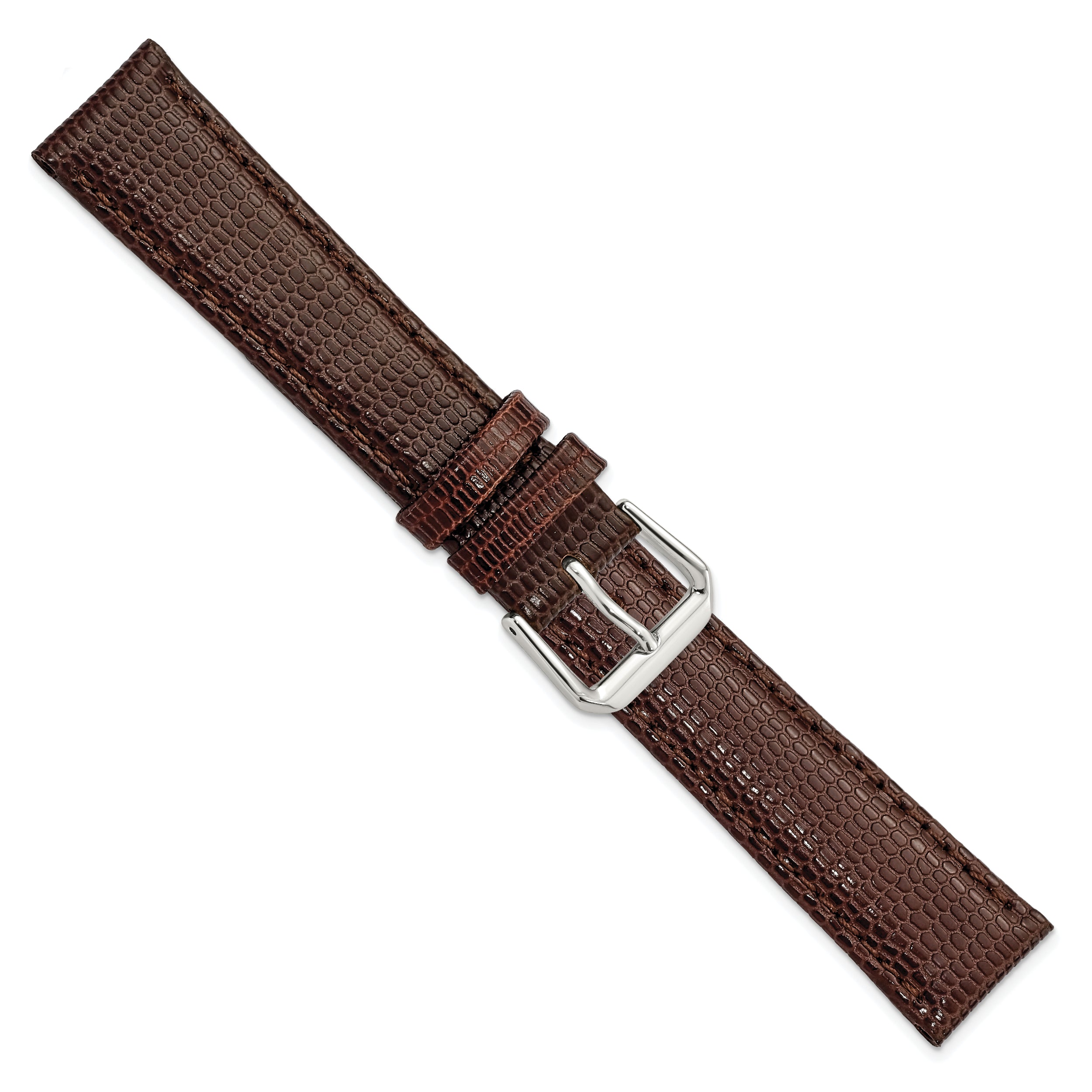 17mm Dark Brown Lizard Grain Leather with Silver-tone Buckle 7.5 inch Watch Band