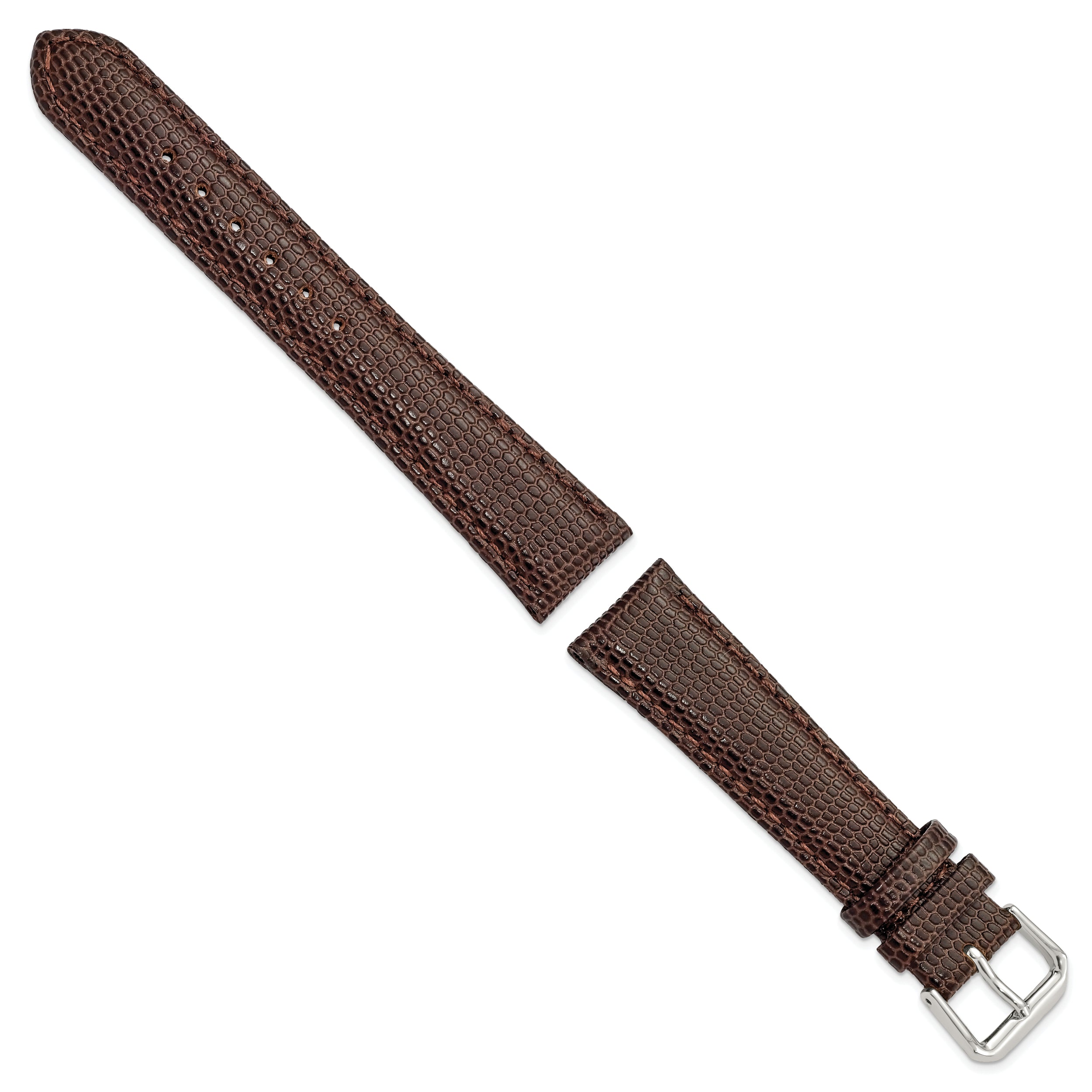 17mm Dark Brown Lizard Grain Leather with Silver-tone Buckle 7.5 inch Watch Band