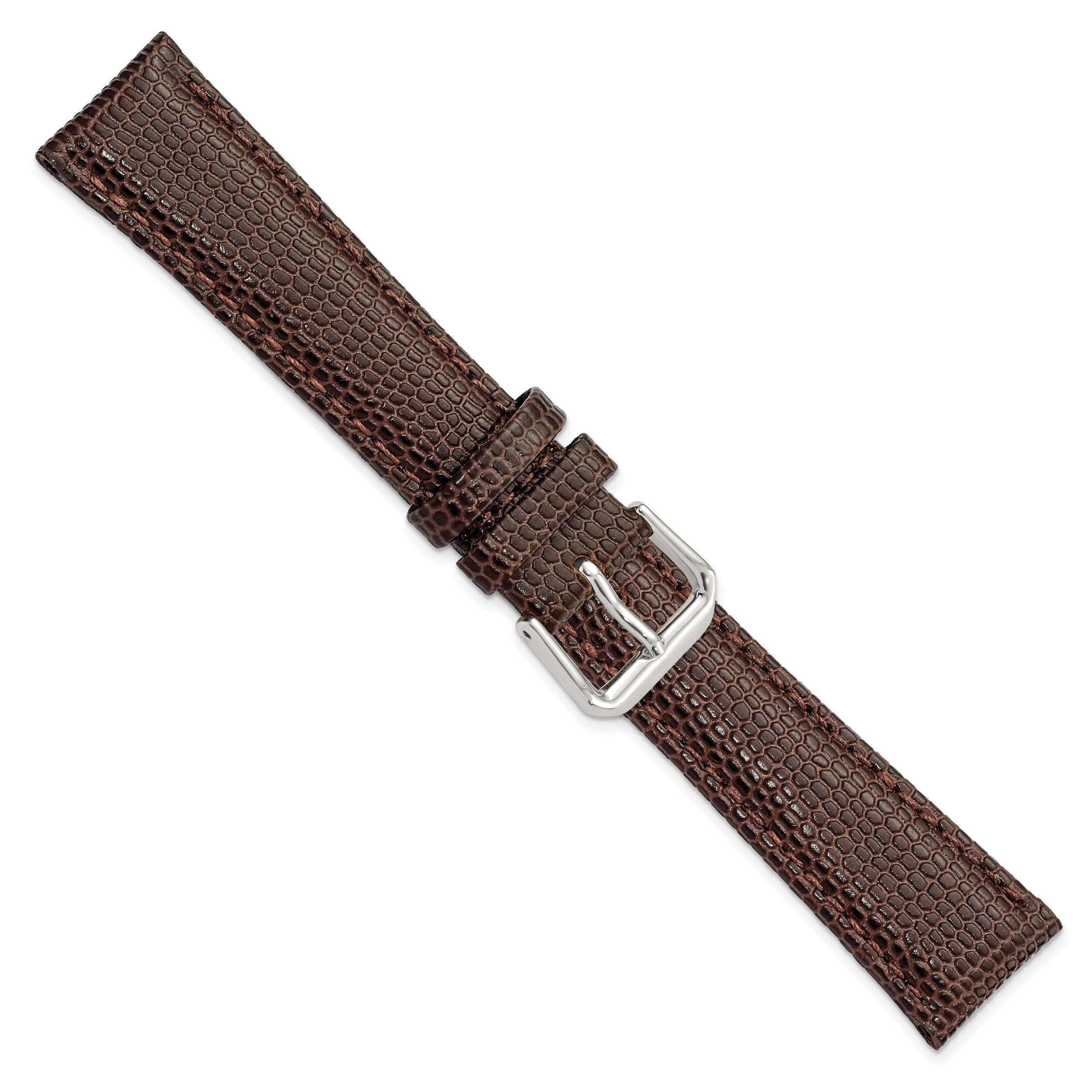 17mm Dark Brown Lizard Grain Leather with Silver-tone Buckle 7.5 inch Watch Band