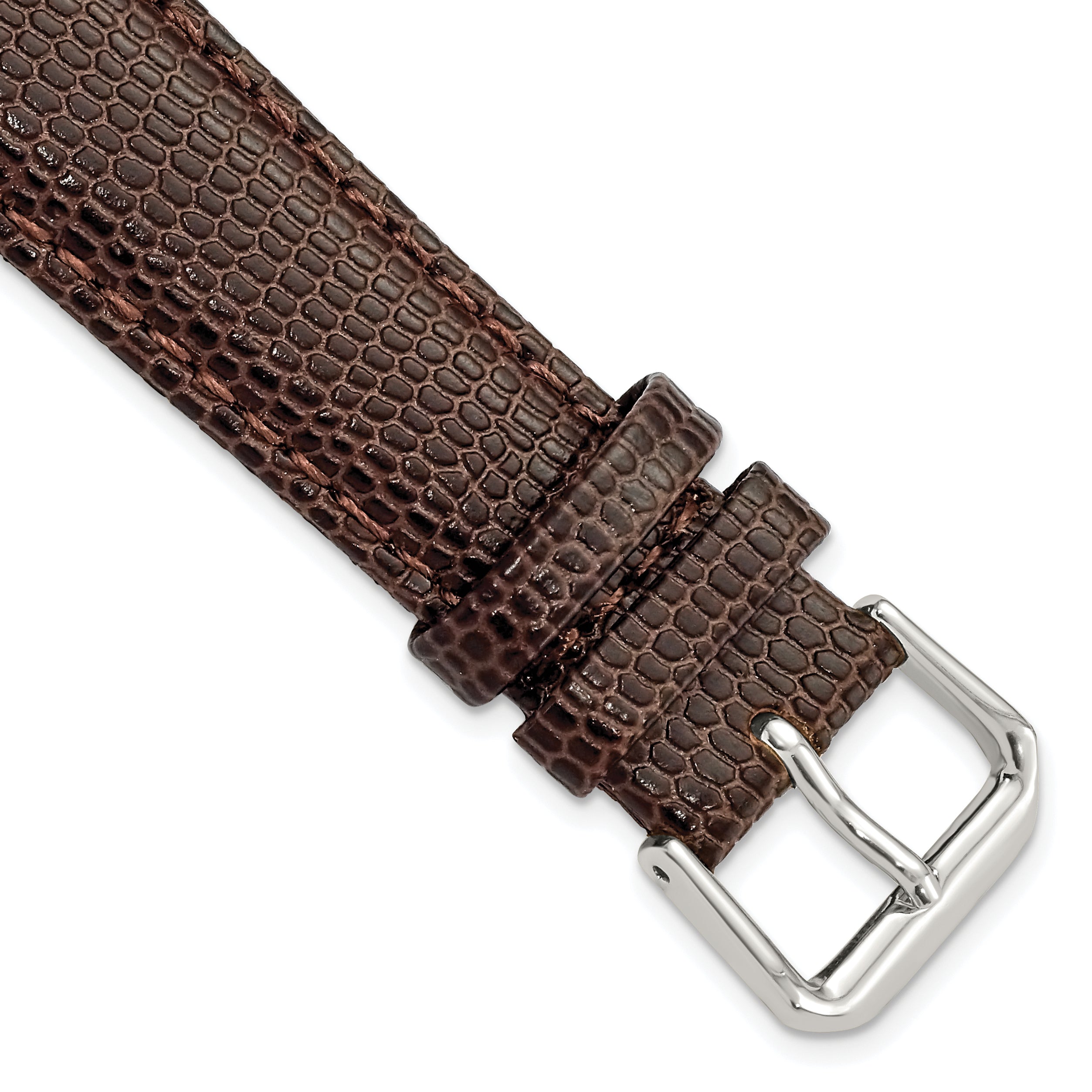 DeBeer 19mm Dark Brown Lizard Grain Leather with Silver-tone Buckle 7.5 inch Watch Band