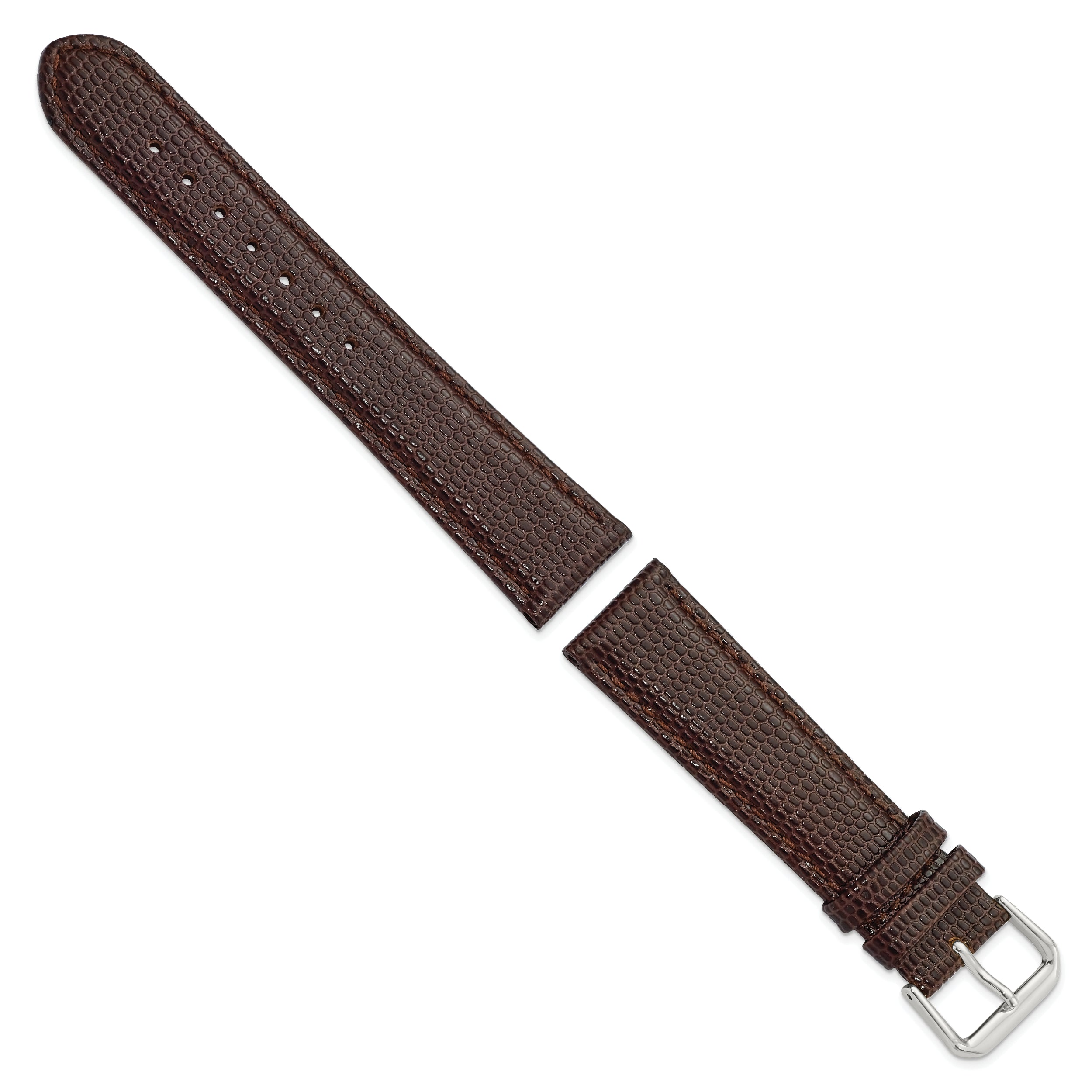 17mm Dark Brown Lizard Grain Leather with Silver-tone Buckle 7.5 inch Watch Band