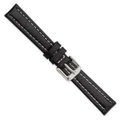 14mm Black Oil-tanned Leather with White Stitching and Silver-tone Buckle 7 inch Watch Band