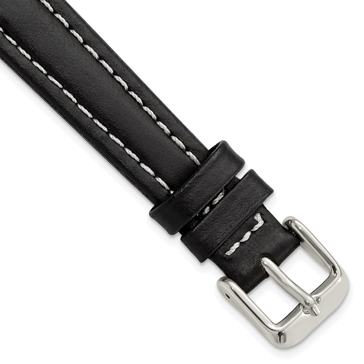 DeBeer 14mm Black Oil-tanned Leather with White Stitching and Silver-tone Buckle 7 inch Watch Band