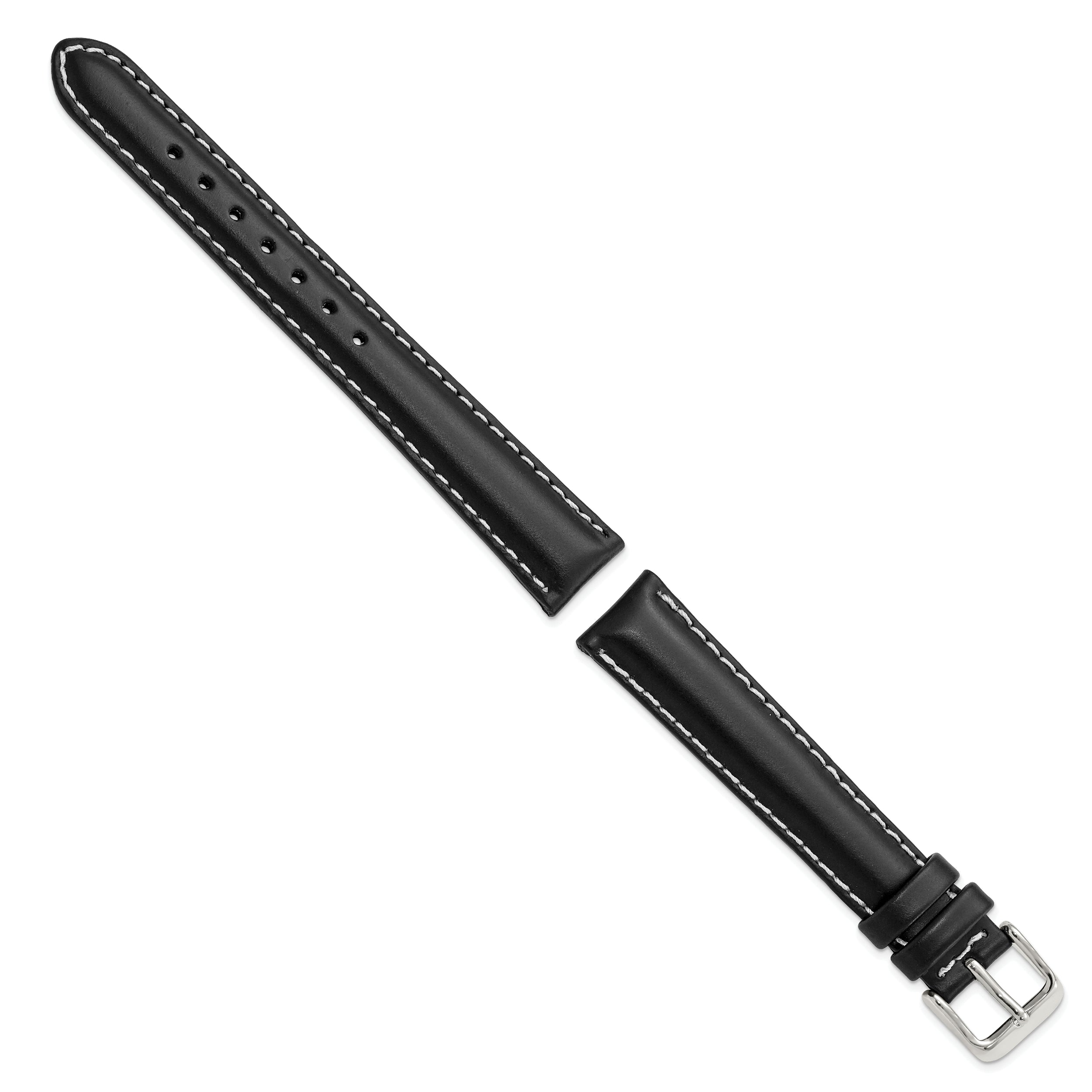 14mm Black Oil-tanned Leather with White Stitching and Silver-tone Buckle 7 inch Watch Band