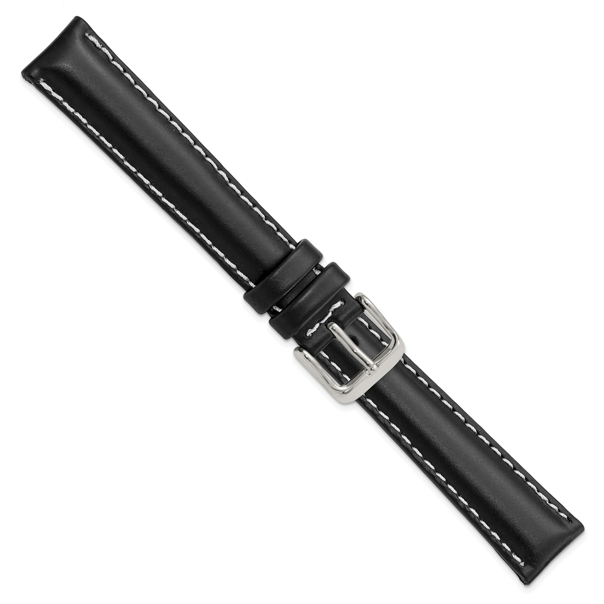 14mm Black Oil-tanned Leather with White Stitching and Silver-tone Buckle 7 inch Watch Band