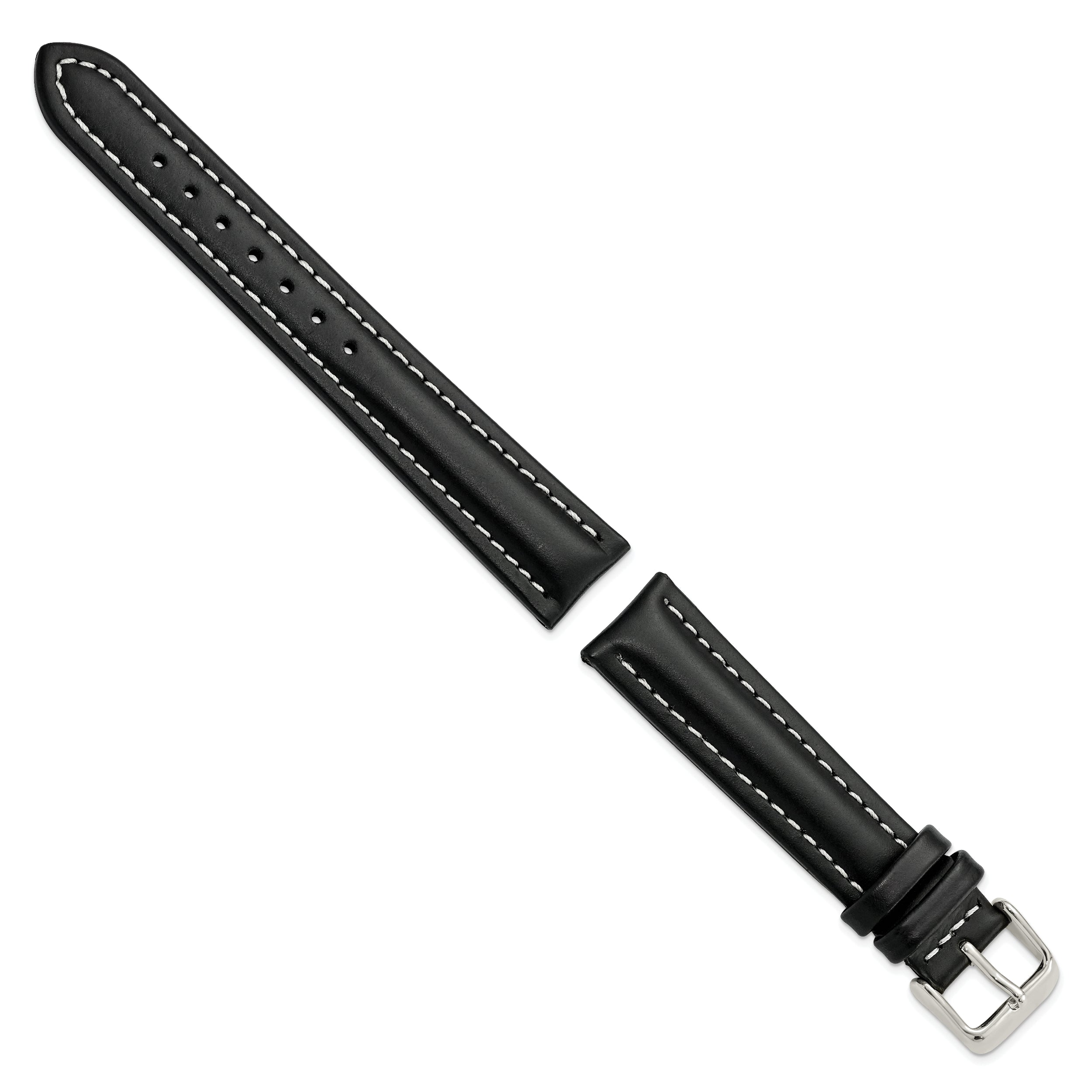 14mm Black Oil-tanned Leather with White Stitching and Silver-tone Buckle 7 inch Watch Band