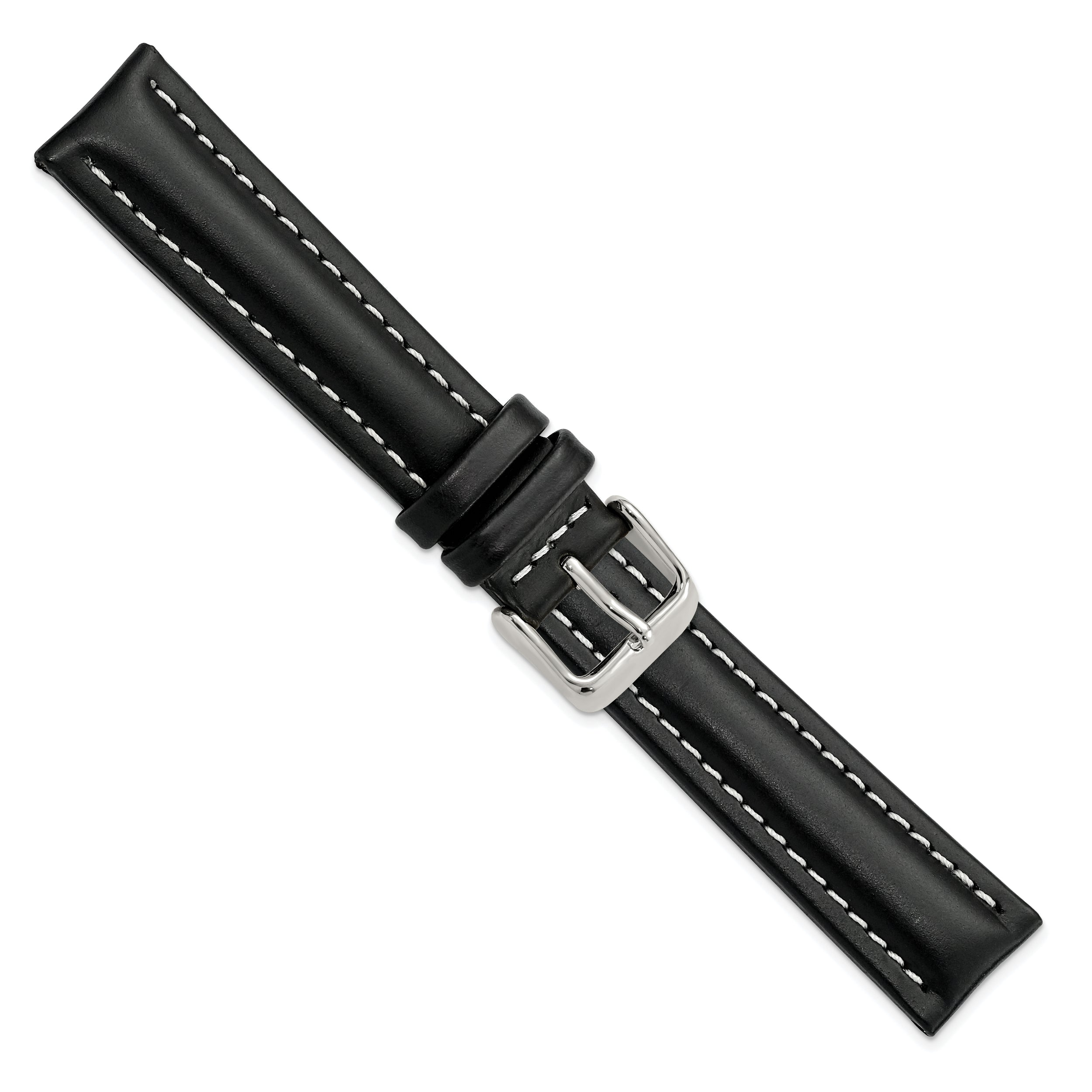 14mm Black Oil-tanned Leather with White Stitching and Silver-tone Buckle 7 inch Watch Band