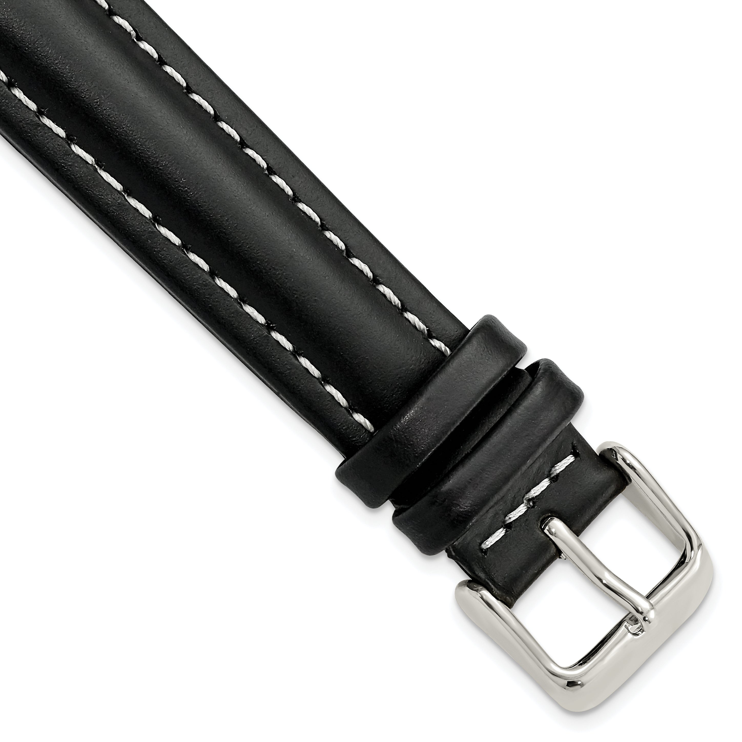 DeBeer 18mm Black Oil-tanned Leather with White Stitching and Silver-tone Buckle 7.5 inch Watch Band