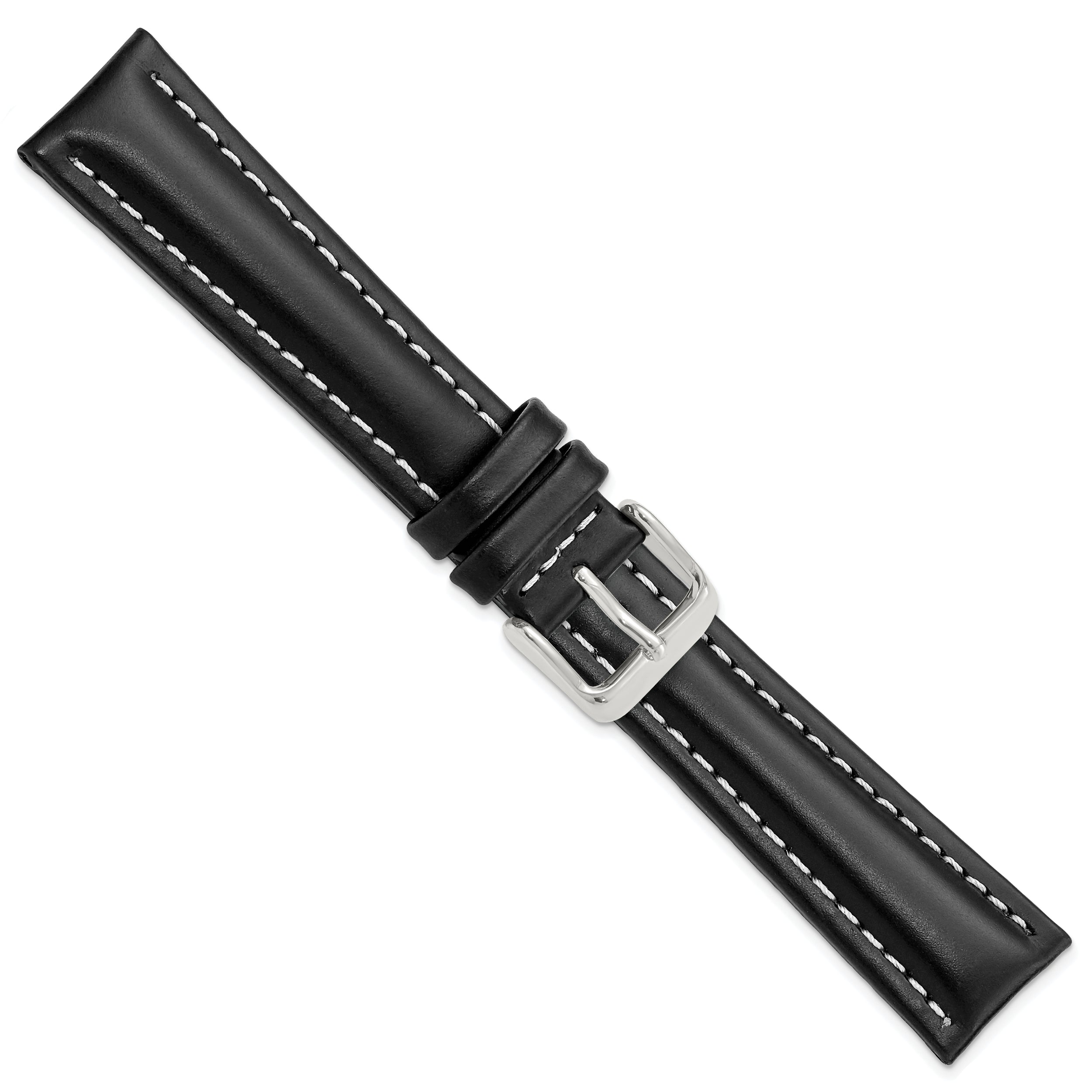 14mm Black Oil-tanned Leather with White Stitching and Silver-tone Buckle 7 inch Watch Band