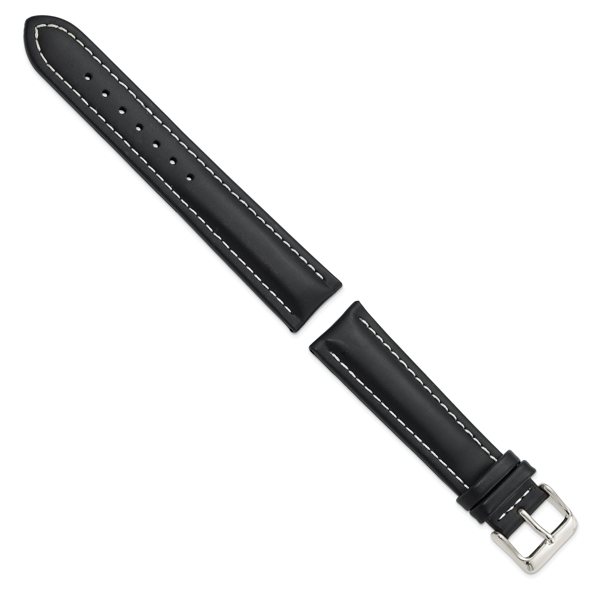 14mm Black Oil-tanned Leather with White Stitching and Silver-tone Buckle 7 inch Watch Band