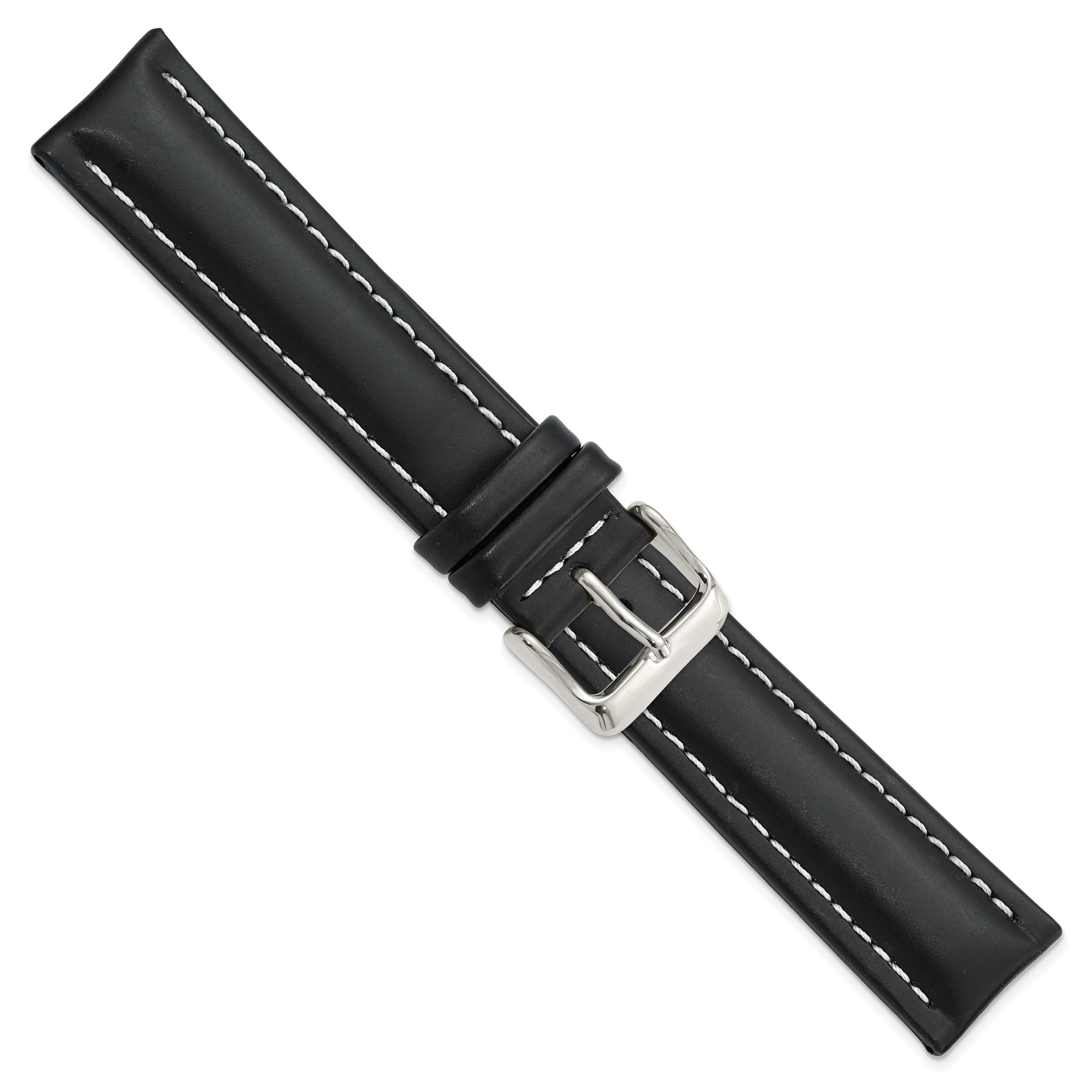 14mm Black Oil-tanned Leather with White Stitching and Silver-tone Buckle 7 inch Watch Band