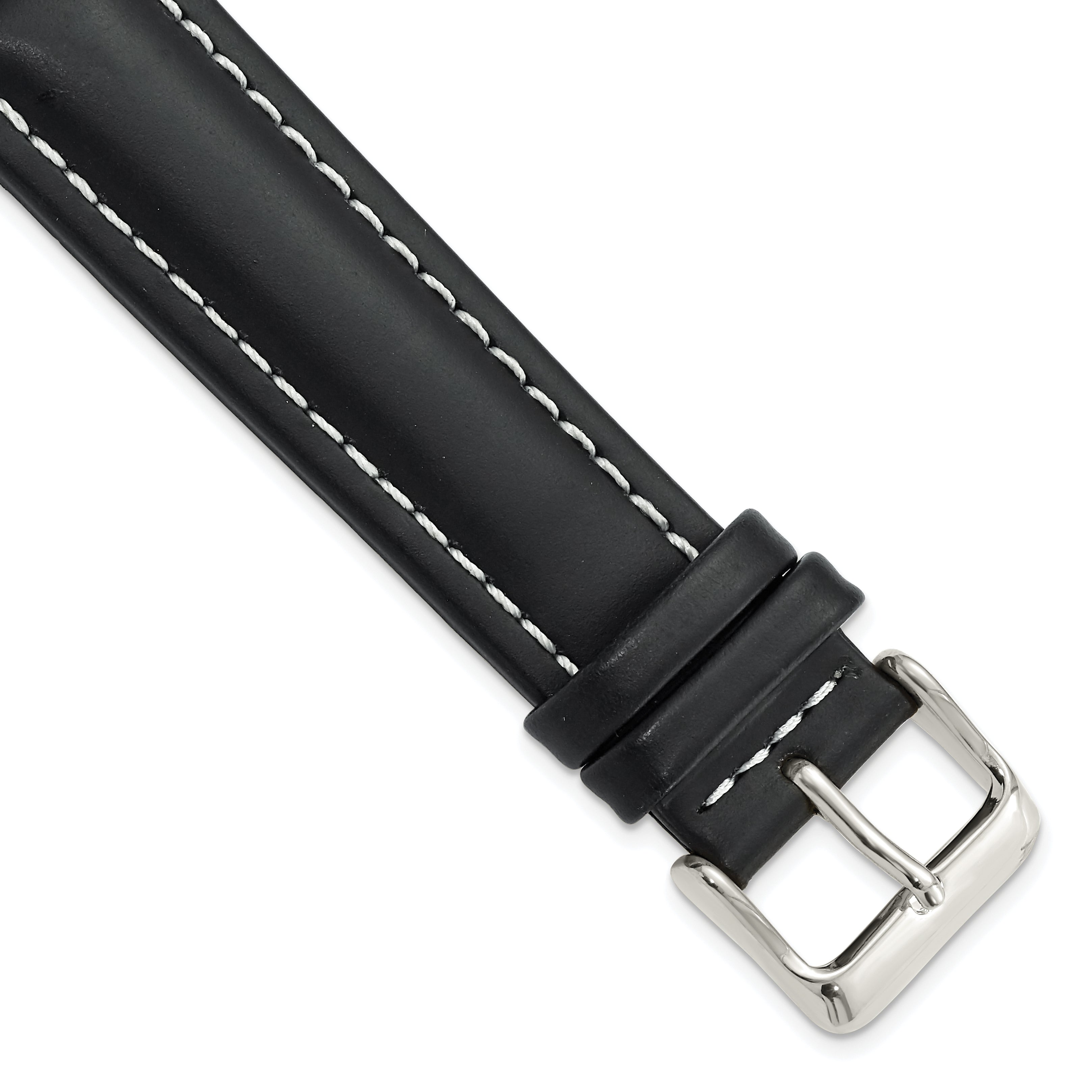 DeBeer 20mm Black Oil-tanned Leather with White Stitching and Silver-tone Buckle 7.5 inch Watch Band