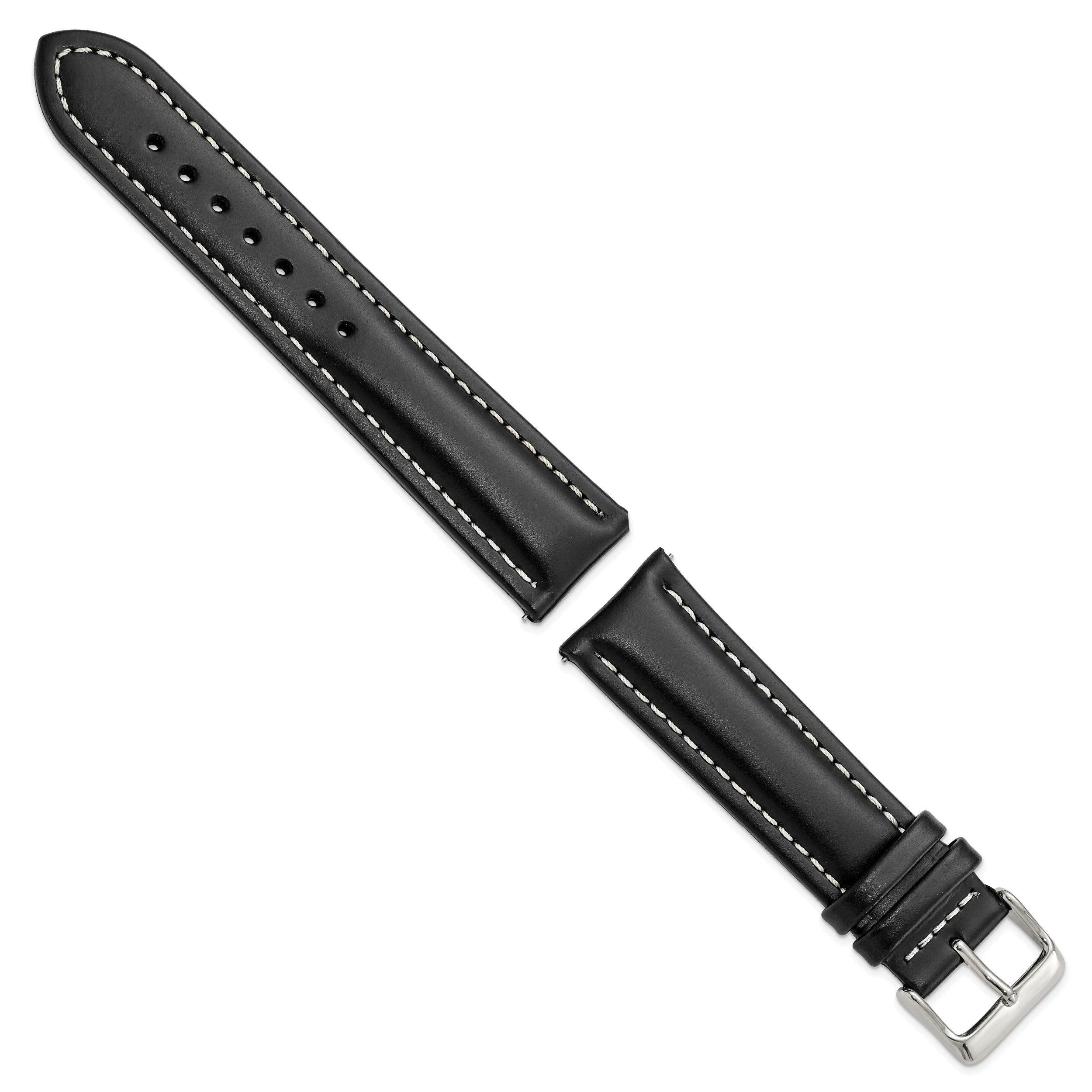 14mm Black Oil-tanned Leather with White Stitching and Silver-tone Buckle 7 inch Watch Band