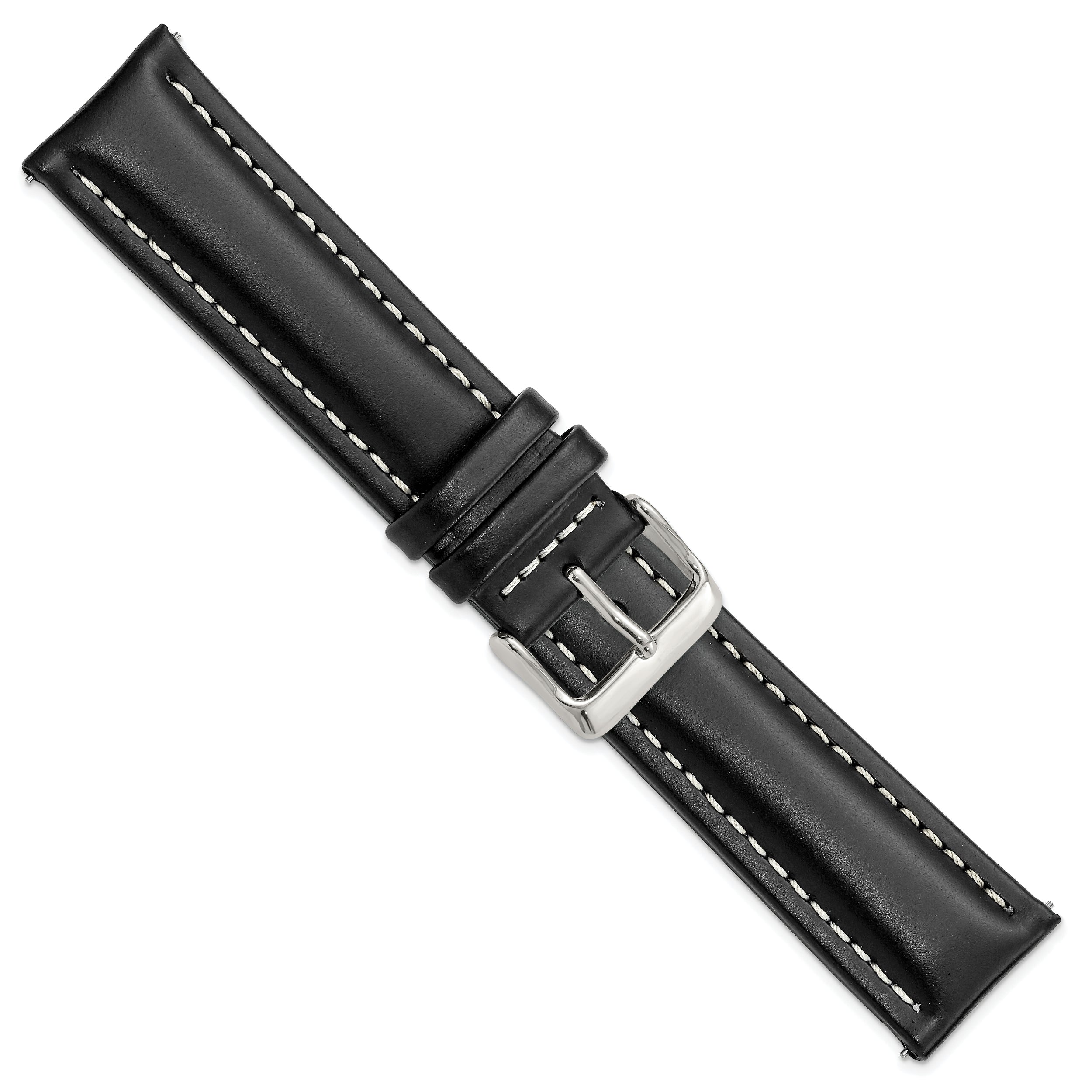 14mm Black Oil-tanned Leather with White Stitching and Silver-tone Buckle 7 inch Watch Band