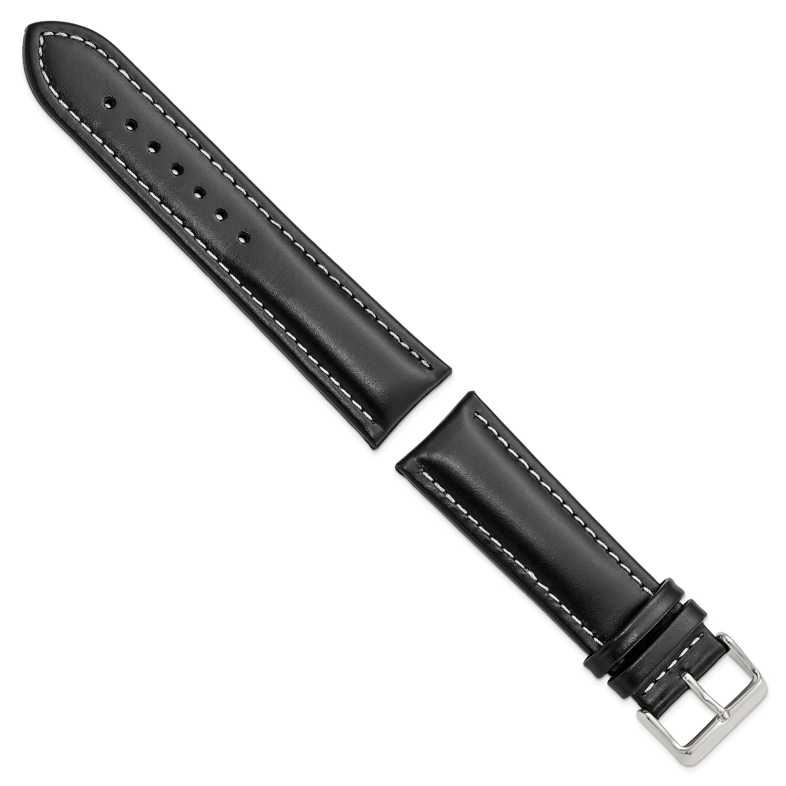 14mm Black Oil-tanned Leather with White Stitching and Silver-tone Buckle 7 inch Watch Band