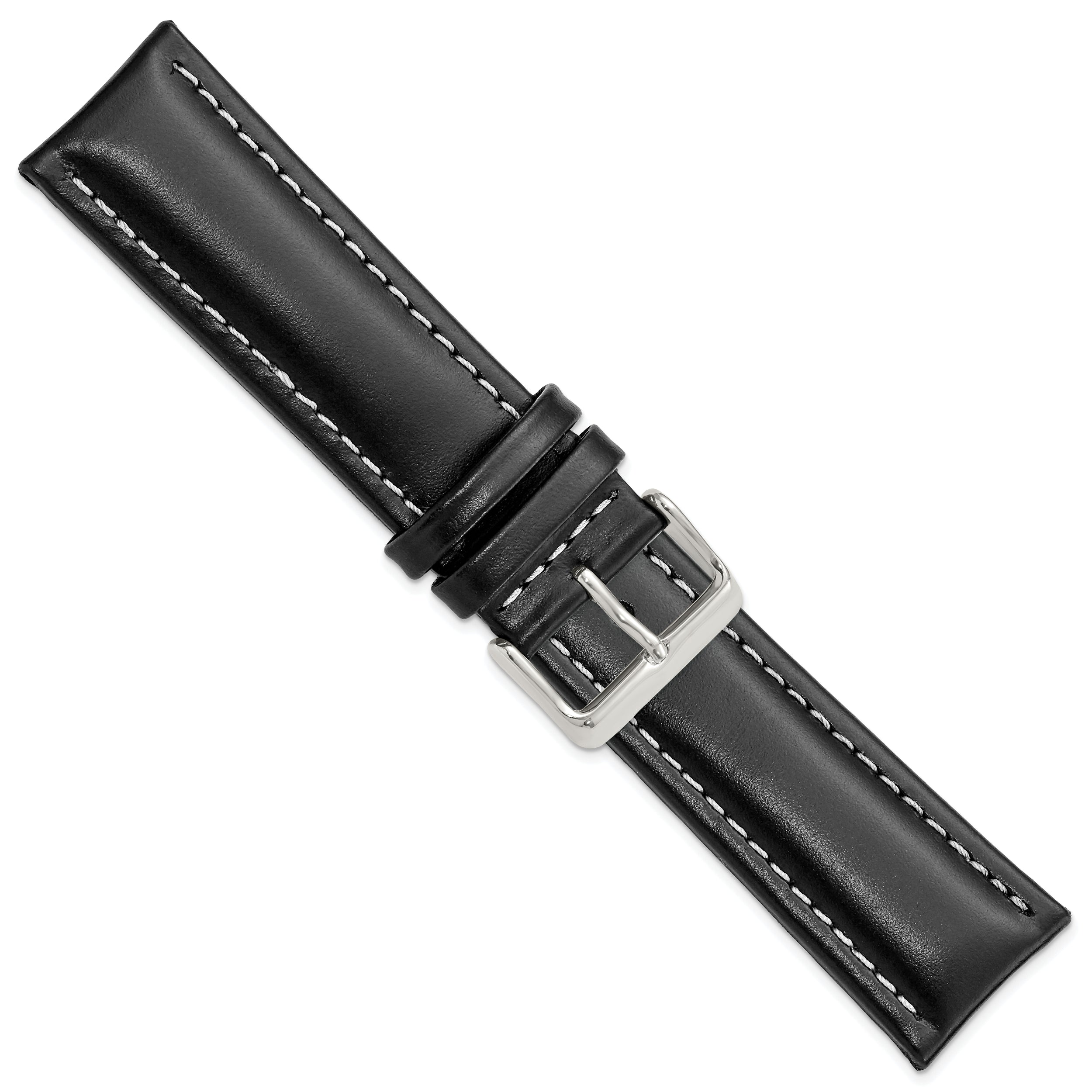 14mm Black Oil-tanned Leather with White Stitching and Silver-tone Buckle 7 inch Watch Band