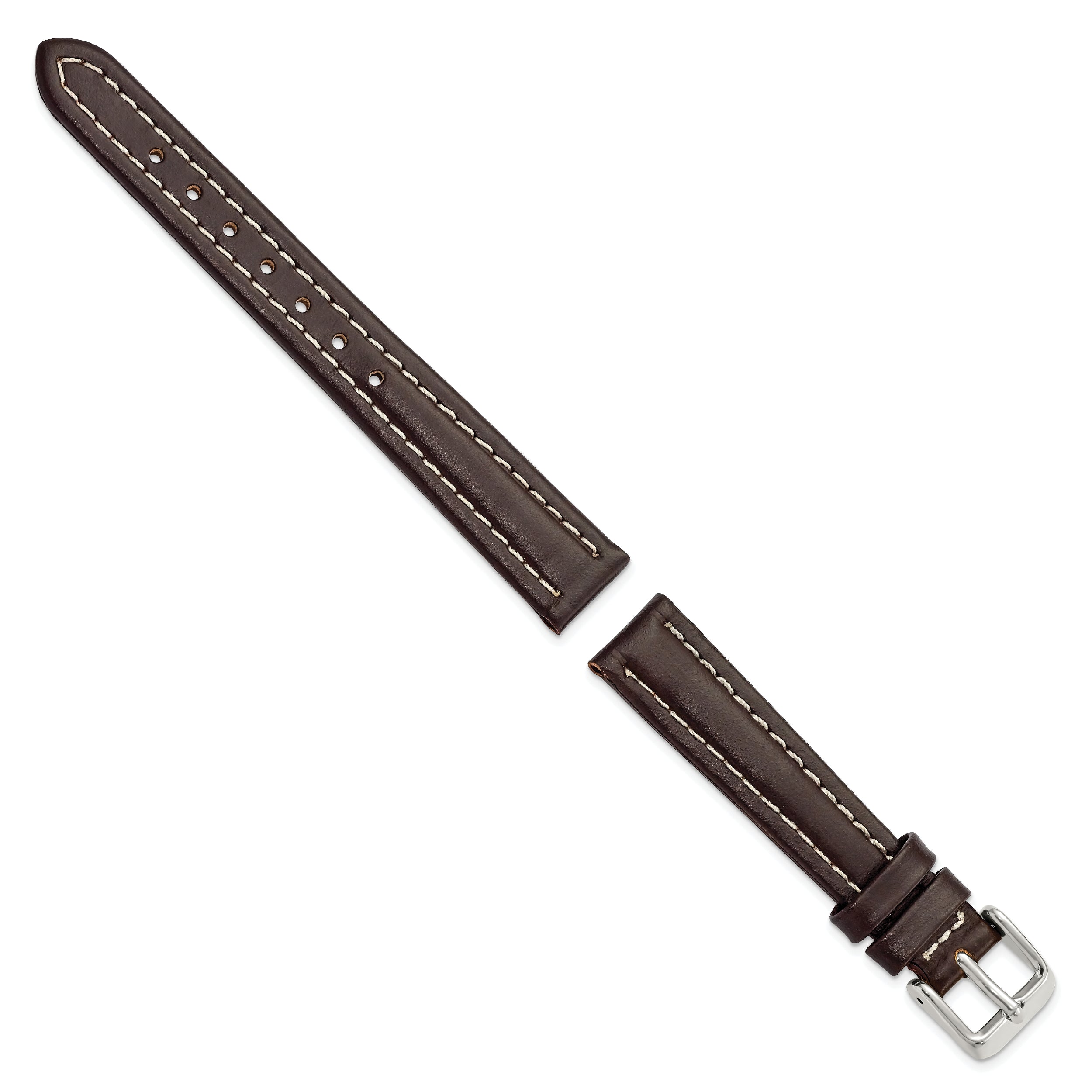 14mm Dark Brown Oil-tanned Leather with White Stitching and Silver-tone Buckle 6.75 inch Watch Band