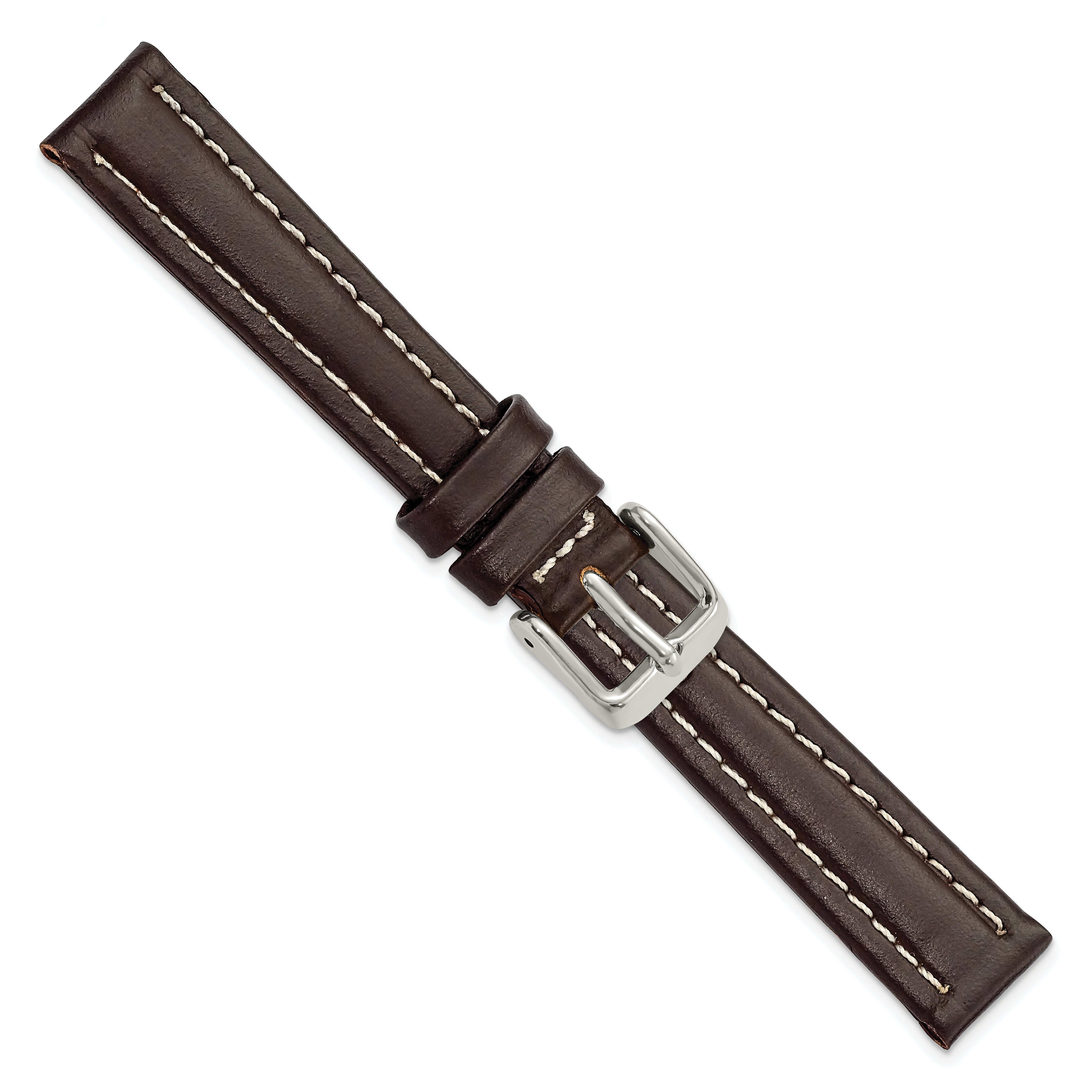 14mm Dark Brown Oil-tanned Leather with White Stitching and Silver-tone Buckle 6.75 inch Watch Band