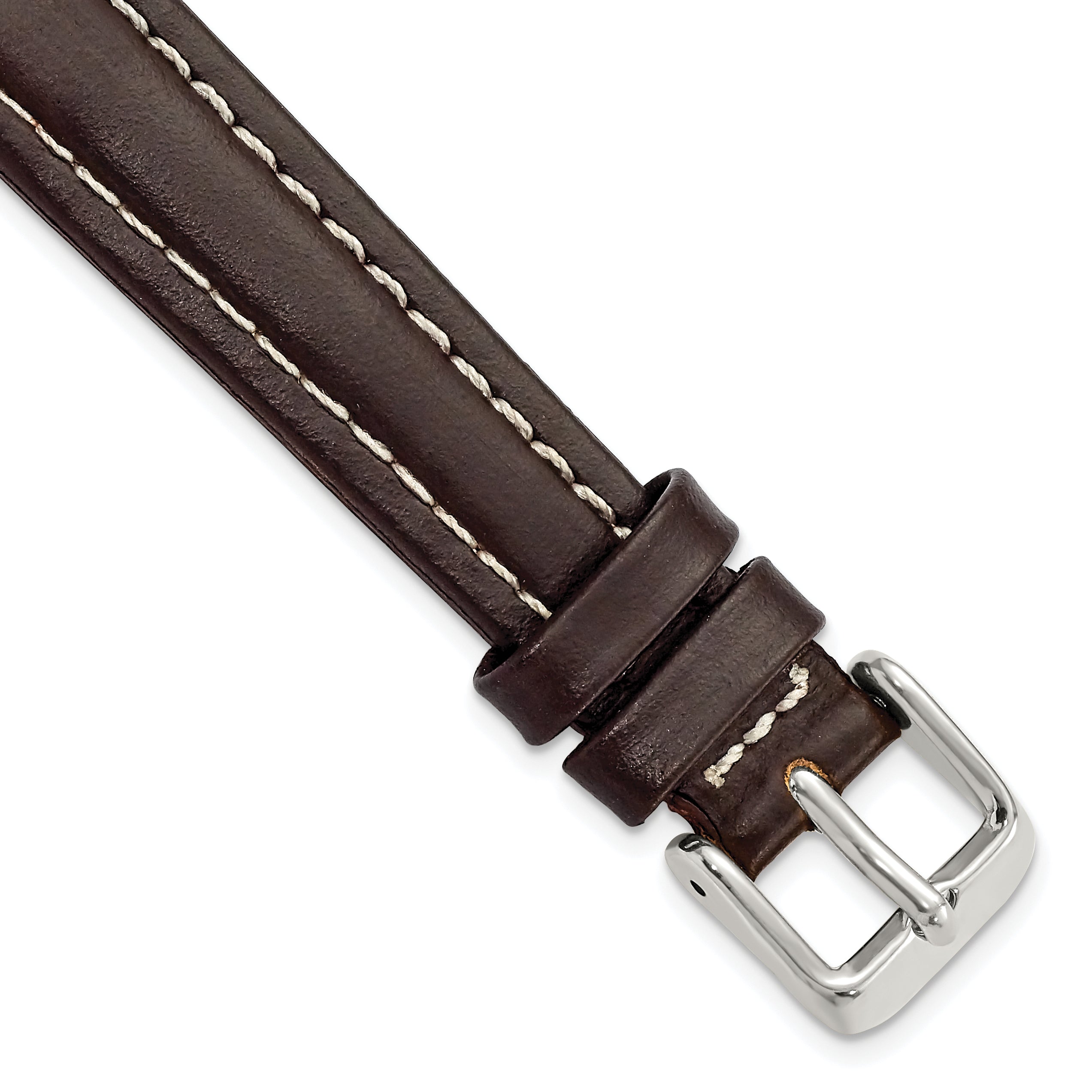 DeBeer 14mm Dark Brown Oil-tanned Leather with White Stitching and Silver-tone Buckle 6.75 inch Watch Band