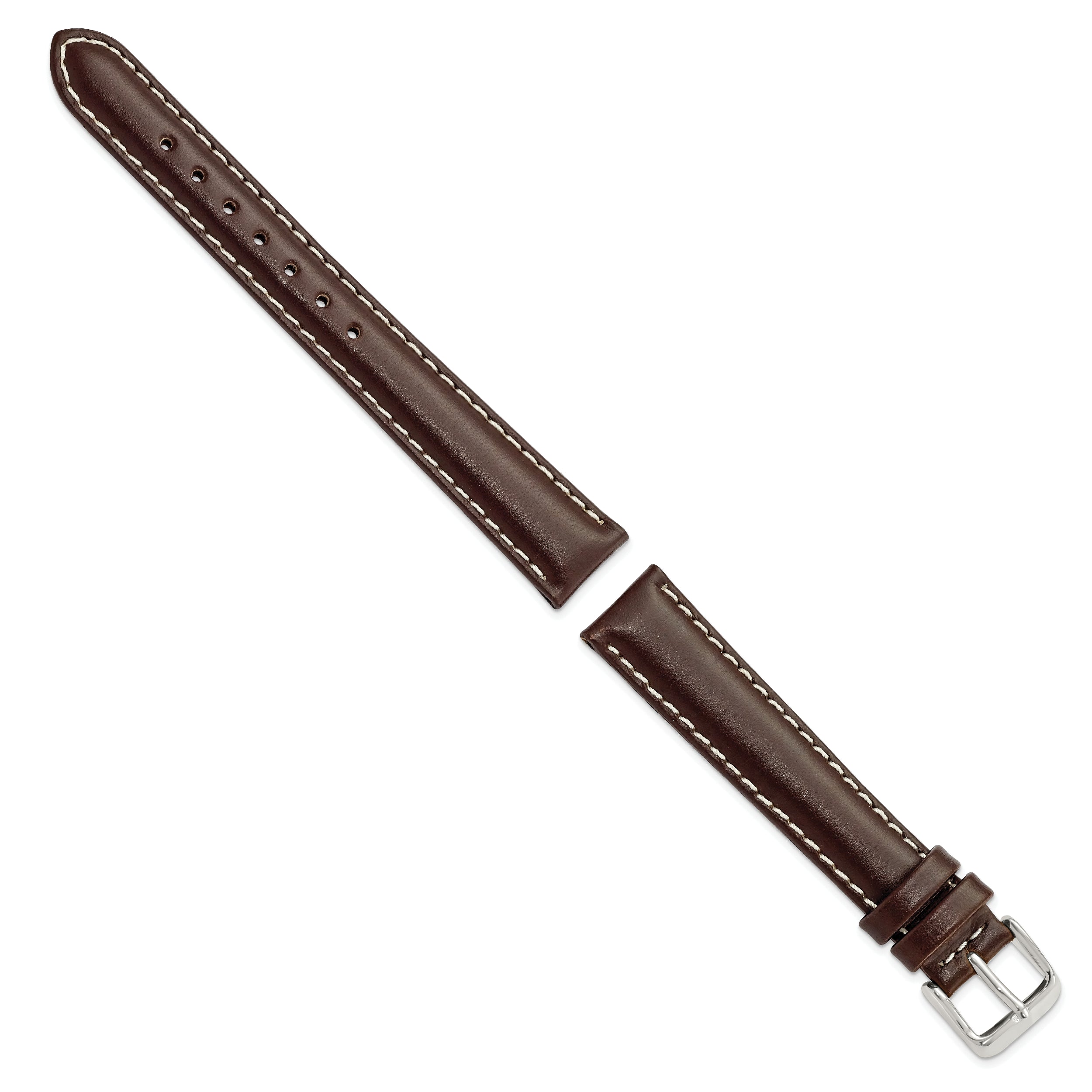 14mm Dark Brown Oil-tanned Leather with White Stitching and Silver-tone Buckle 6.75 inch Watch Band