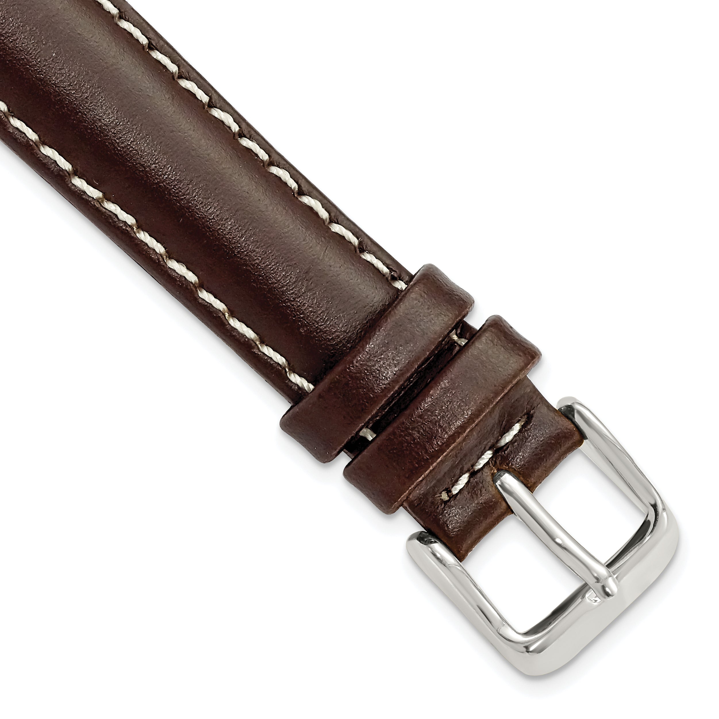 DeBeer 16mm Dark Brown Oil-tanned Leather with White Stitching and Silver-tone Buckle 7.5 inch Watch Band