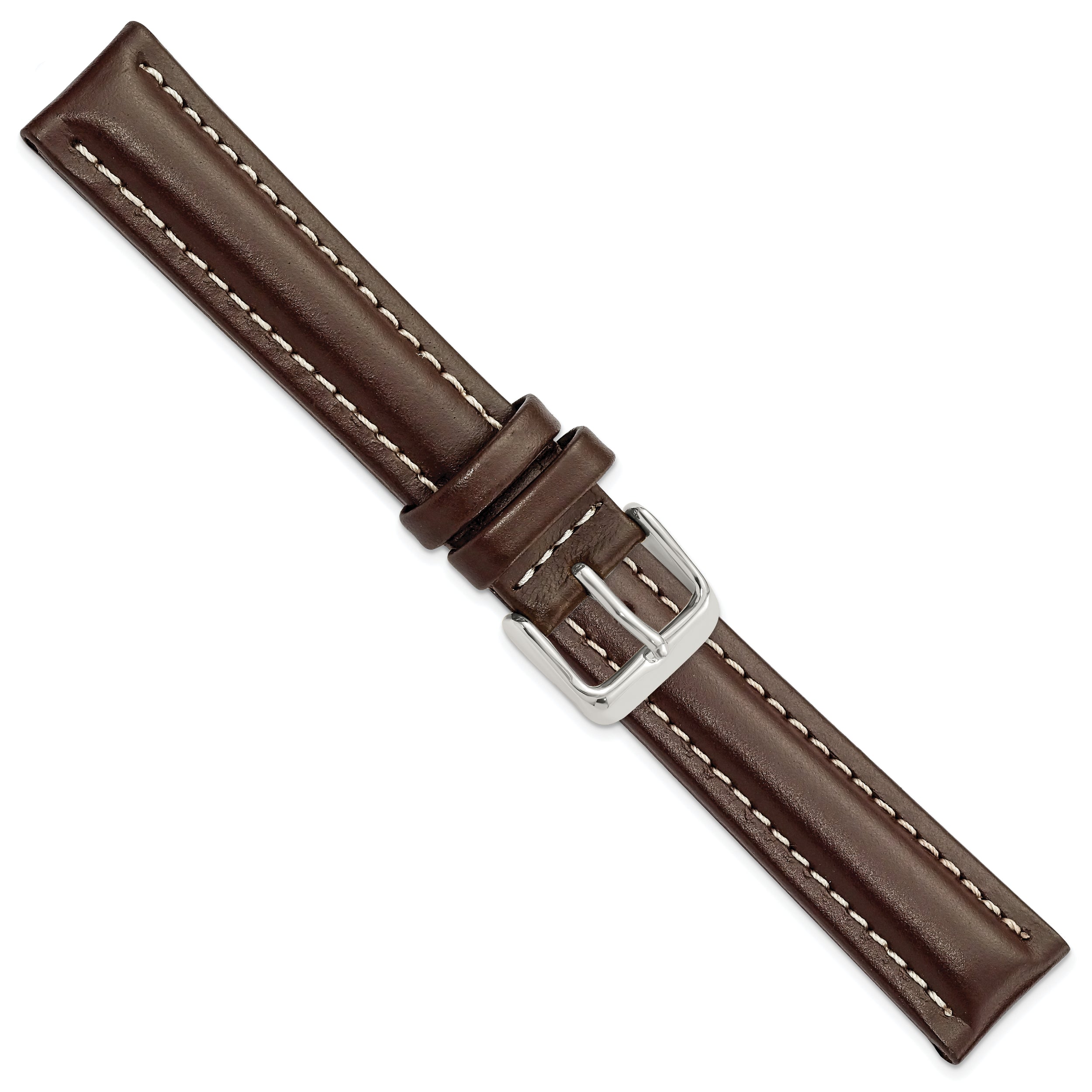 14mm Dark Brown Oil-tanned Leather with White Stitching and Silver-tone Buckle 6.75 inch Watch Band