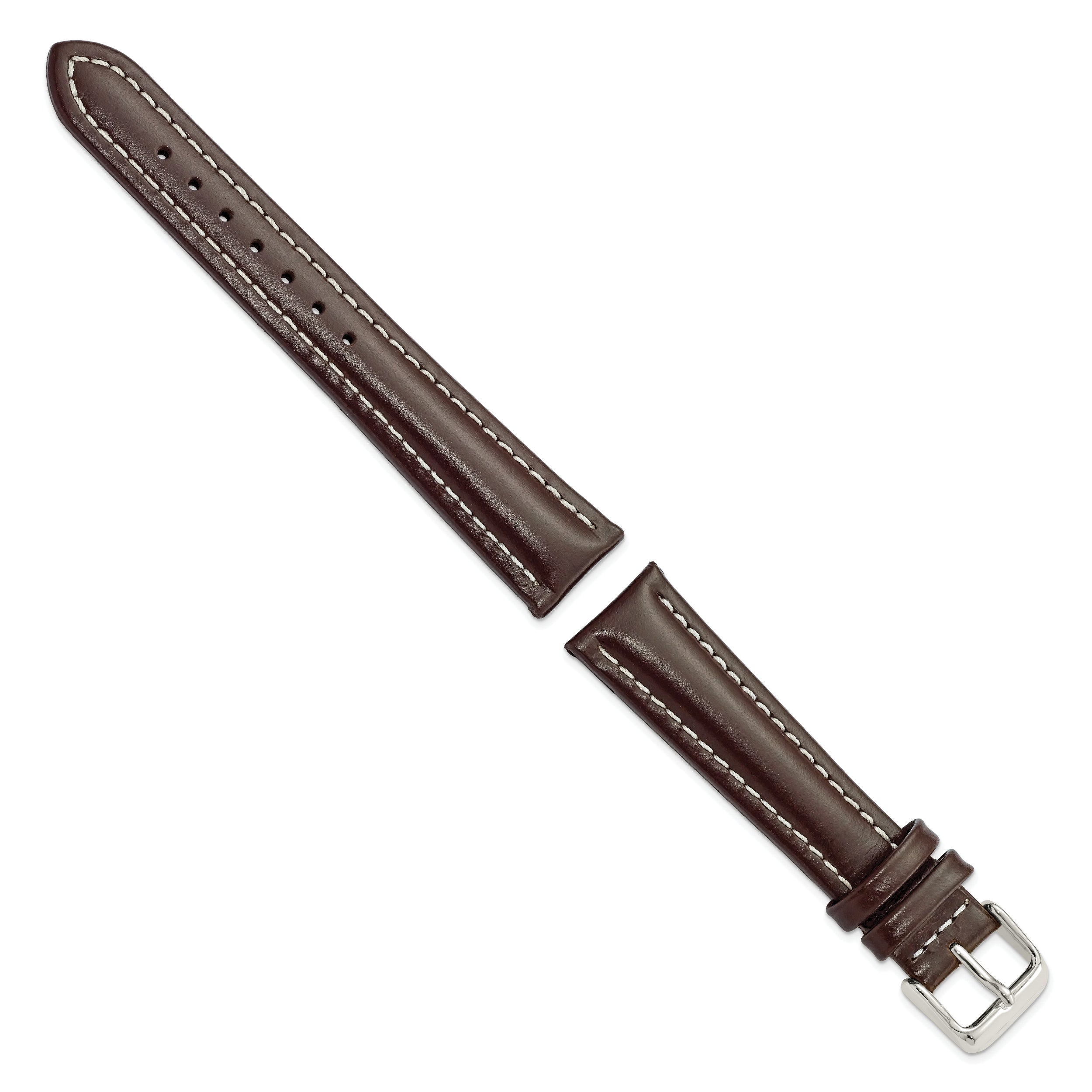 14mm Dark Brown Oil-tanned Leather with White Stitching and Silver-tone Buckle 6.75 inch Watch Band