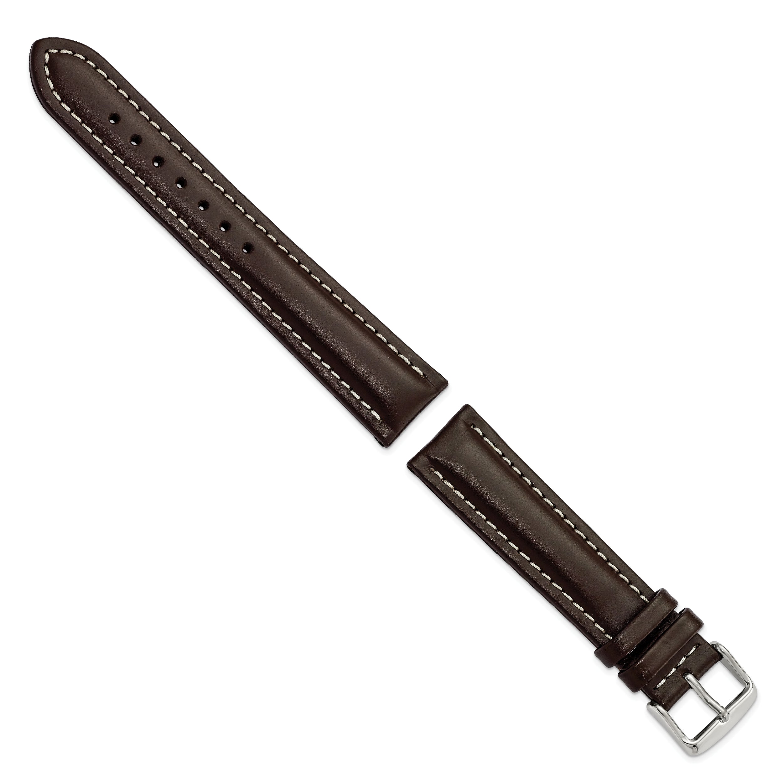 14mm Dark Brown Oil-tanned Leather with White Stitching and Silver-tone Buckle 6.75 inch Watch Band