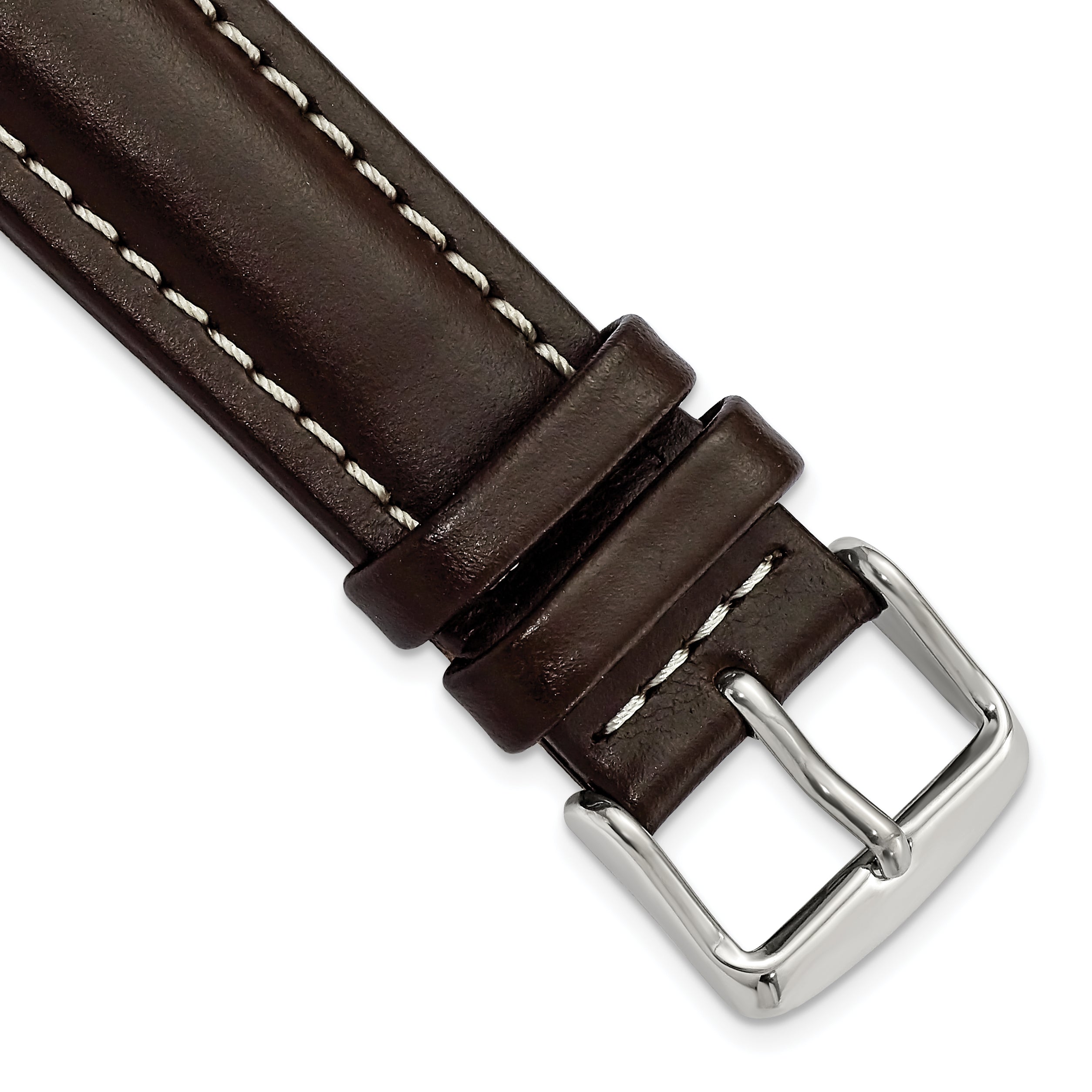 DeBeer 20mm Dark Brown Oil-tanned Leather with White Stitching and Silver-tone Buckle 7.5 inch Watch Band