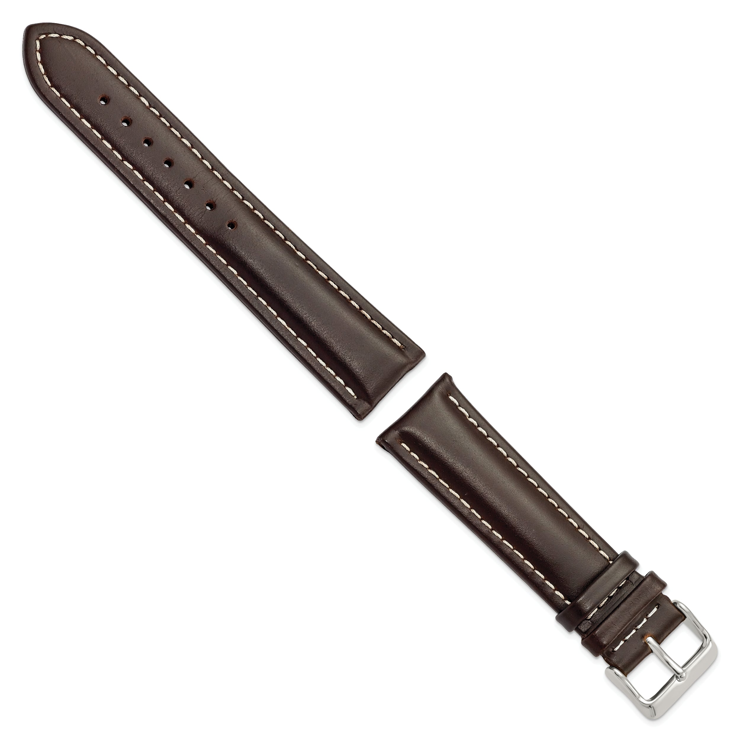 14mm Dark Brown Oil-tanned Leather with White Stitching and Silver-tone Buckle 6.75 inch Watch Band