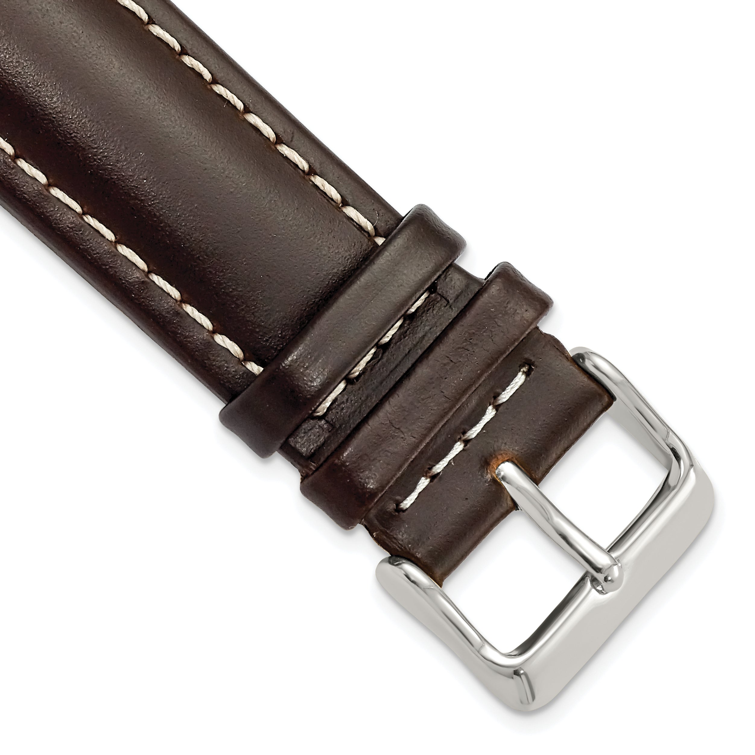 DeBeer 22mm Dark Brown Oil-tanned Leather with White Stitching and Silver-tone Buckle 7.5 inch Watch Band