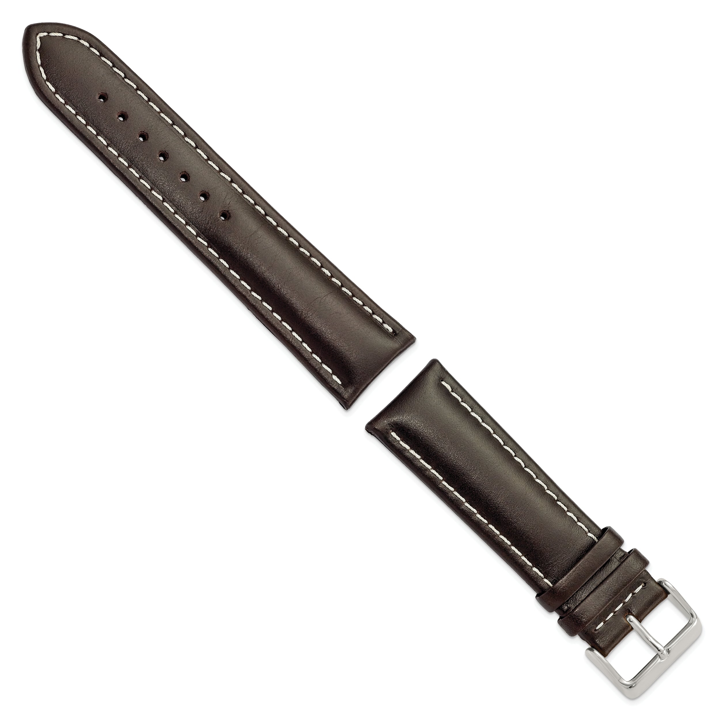 14mm Dark Brown Oil-tanned Leather with White Stitching and Silver-tone Buckle 6.75 inch Watch Band