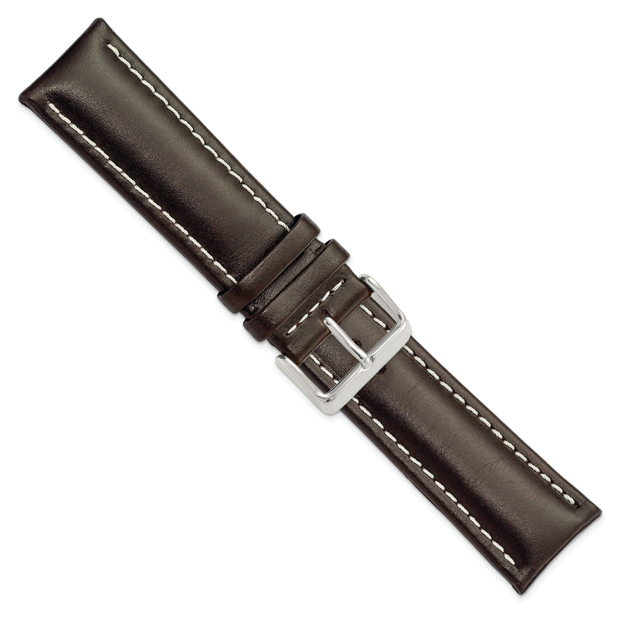 14mm Dark Brown Oil-tanned Leather with White Stitching and Silver-tone Buckle 6.75 inch Watch Band