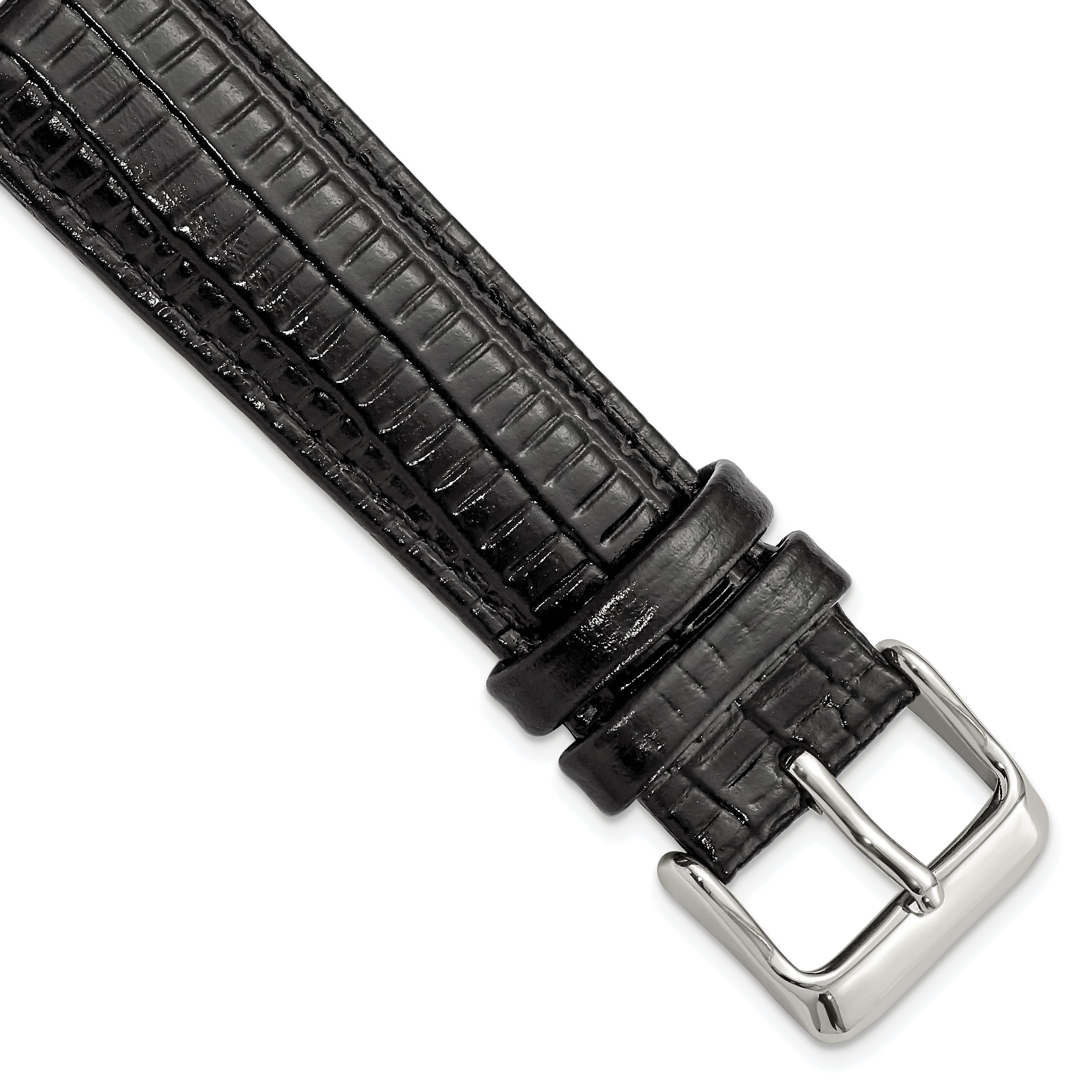 DeBeer 16mm Black Teju Liz Grain Leather with Silver-tone Buckle 7.5 inch Watch Band