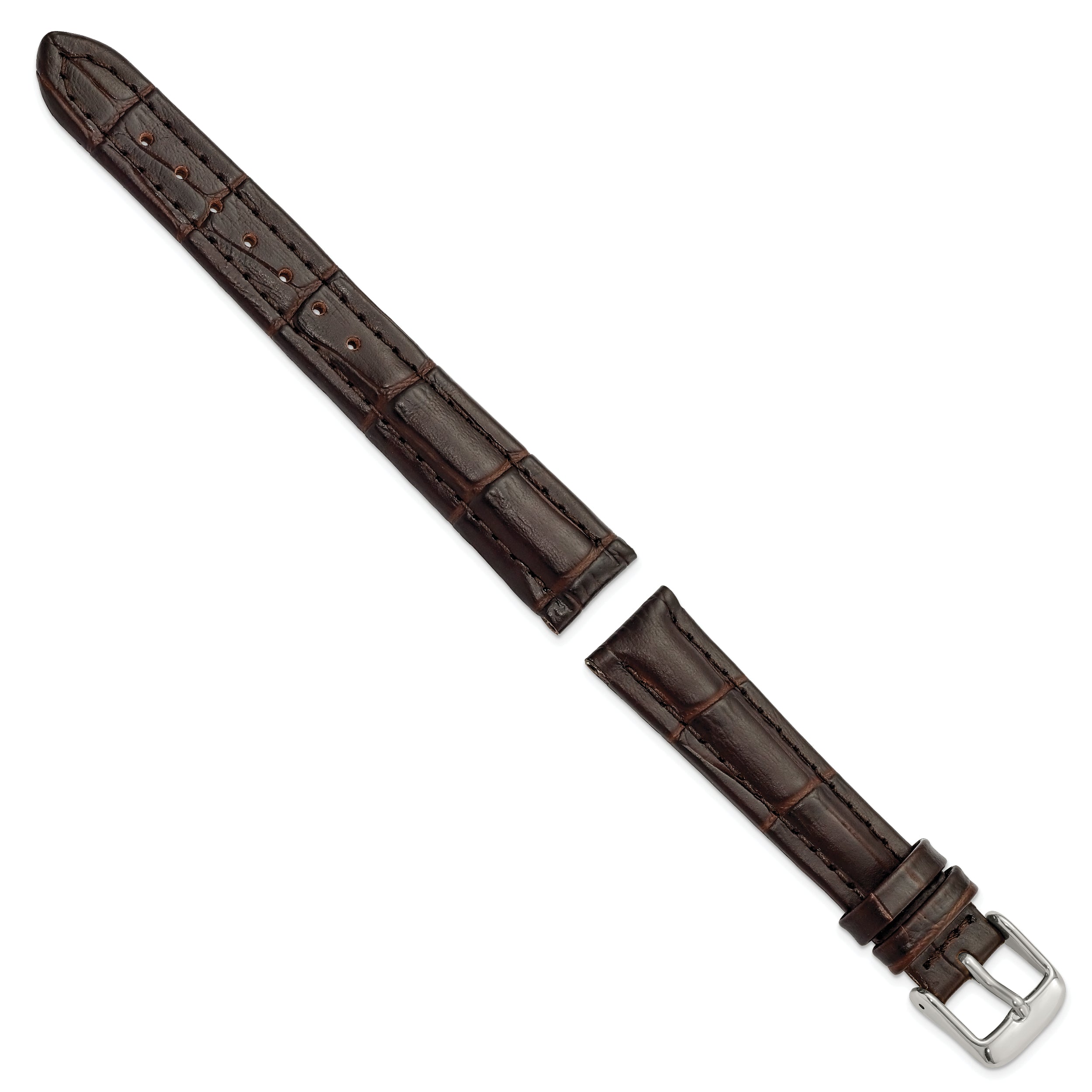 14mm Dark Brown Matte Alligator Grain Leather with Silver-tone Buckle 6.75 inch Watch Band