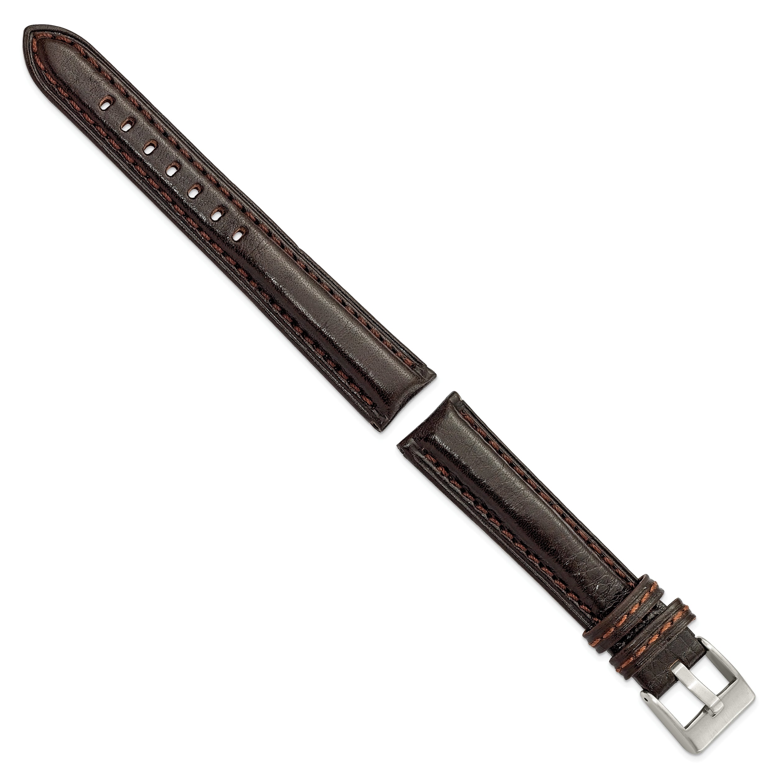 18mm Dark Brown Belting Leather with Brushed Silver-tone Steel Buckle 7.75 inch Watch Band