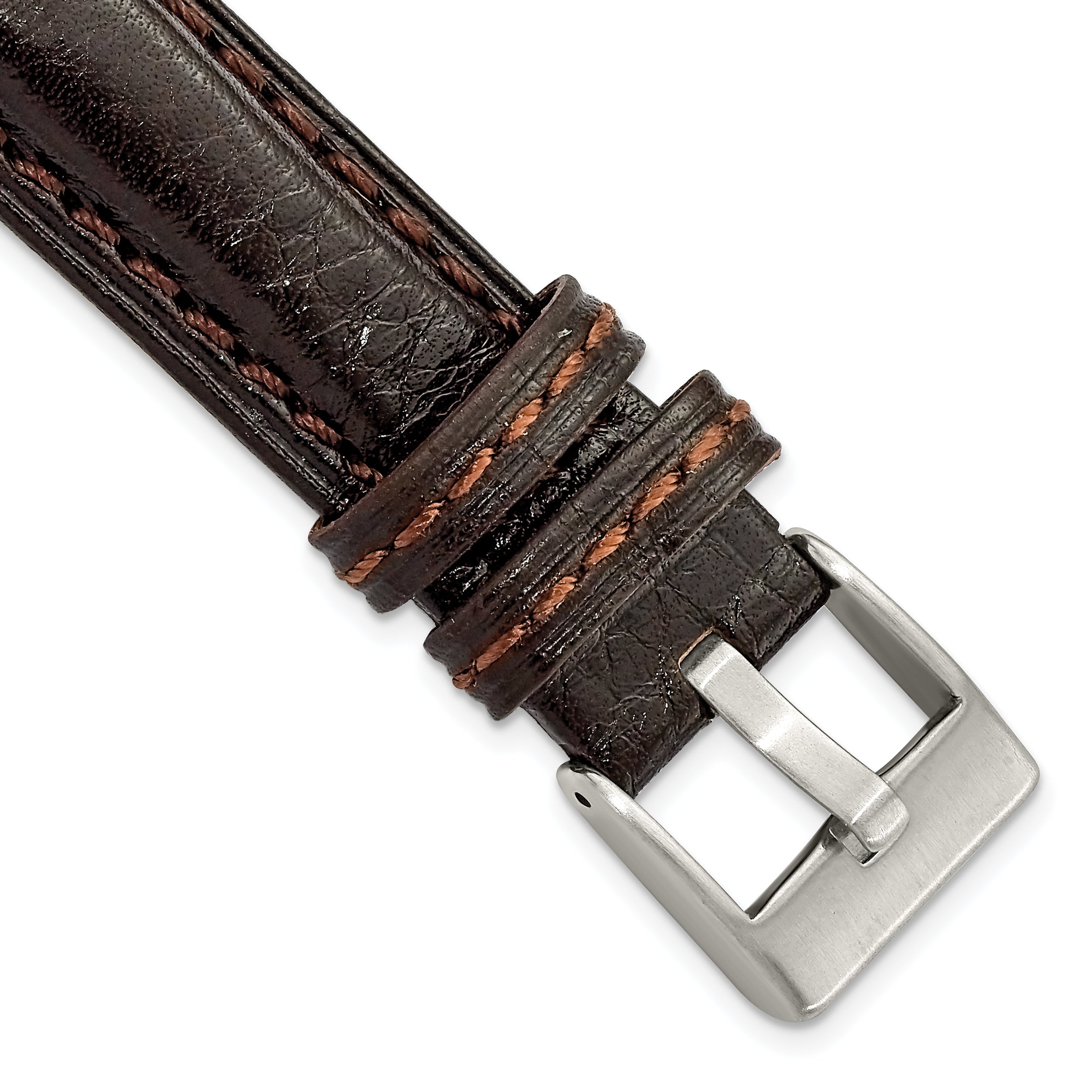 DeBeer 24mm Dark Brown Belting Leather with Brushed Silver-tone Steel Buckle 7.75 inch Watch Band