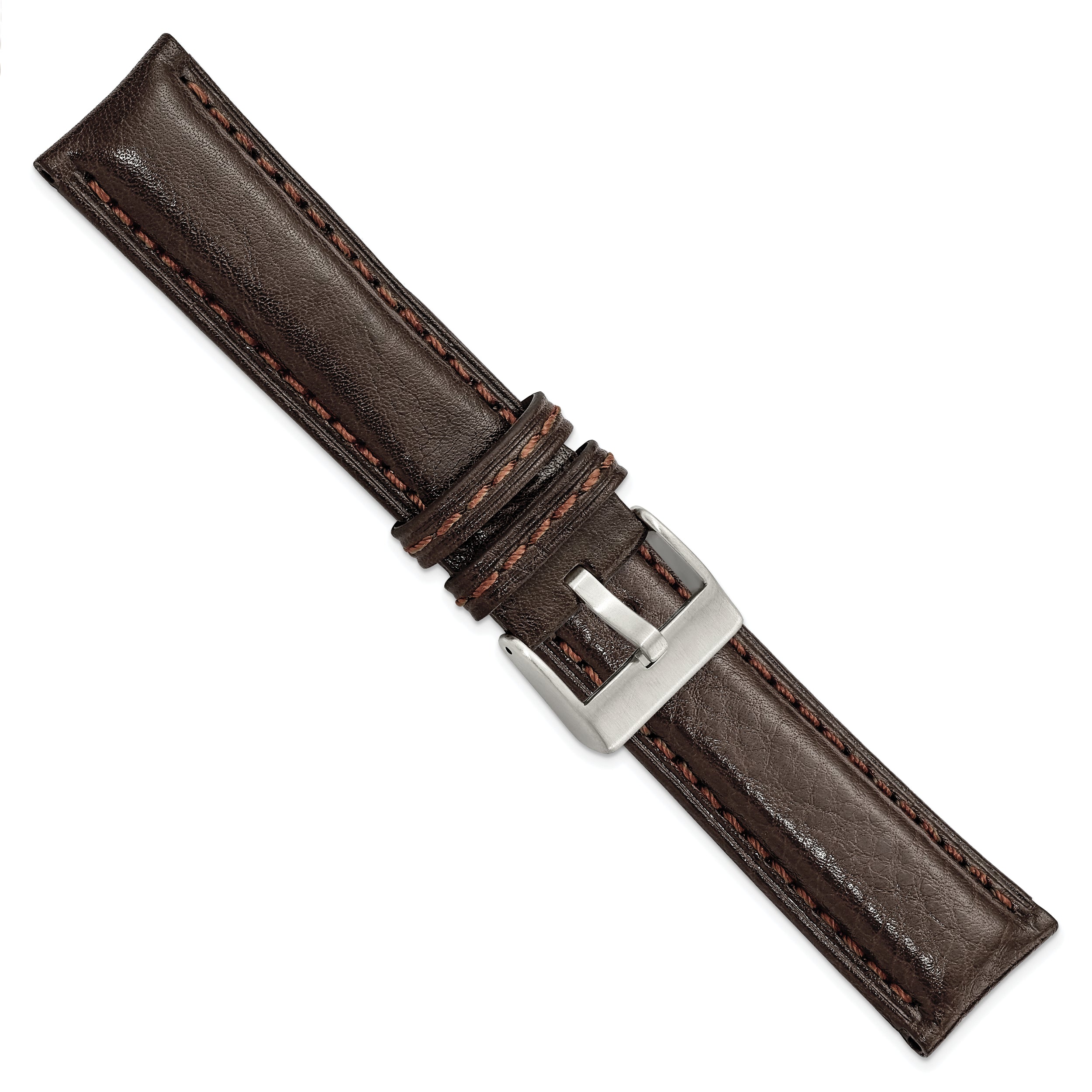 18mm Dark Brown Belting Leather with Brushed Silver-tone Steel Buckle 7.75 inch Watch Band