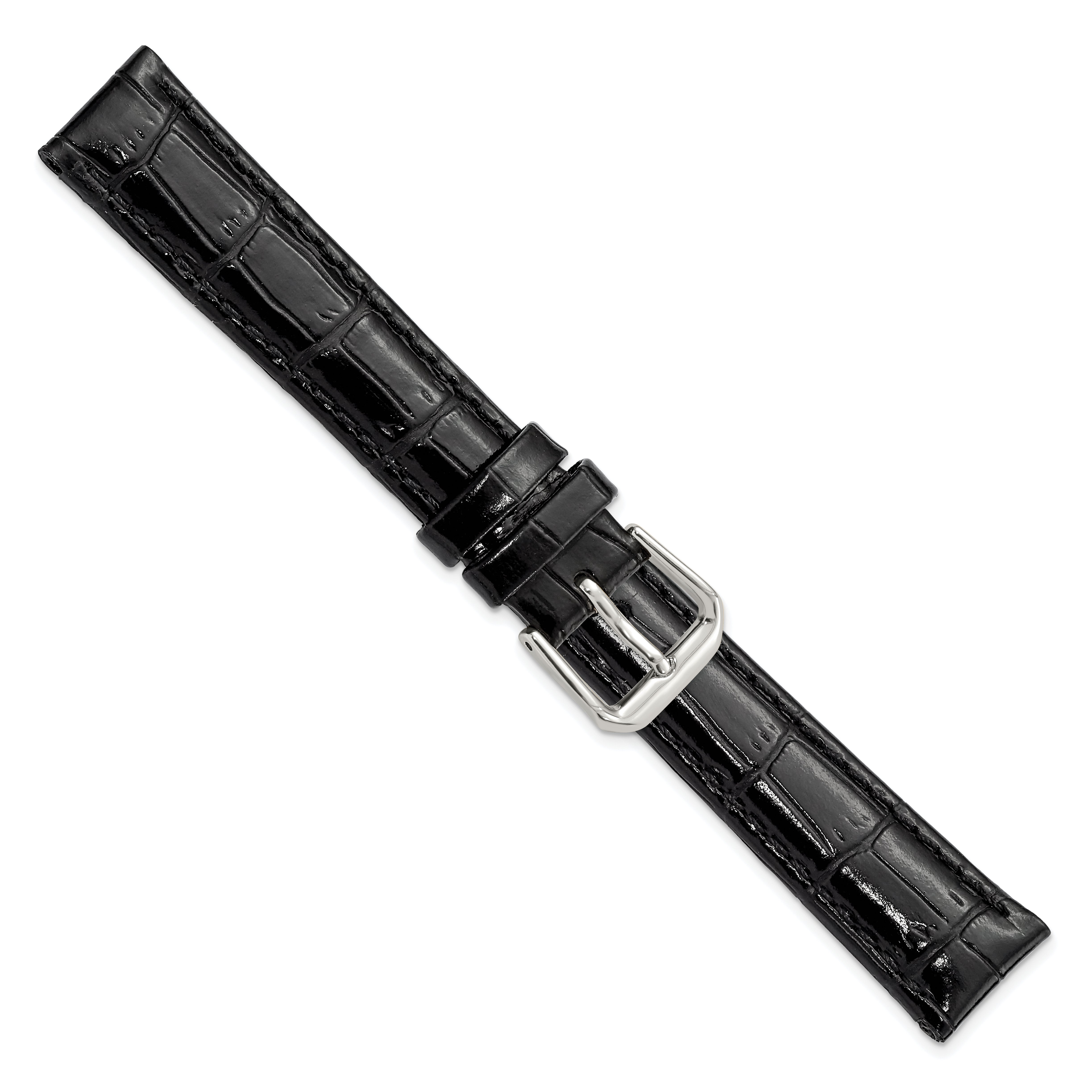 10mm Black Crocodile Grain Leather with Dark Stitching and Silver-tone Buckle 6.75 inch Watch Band