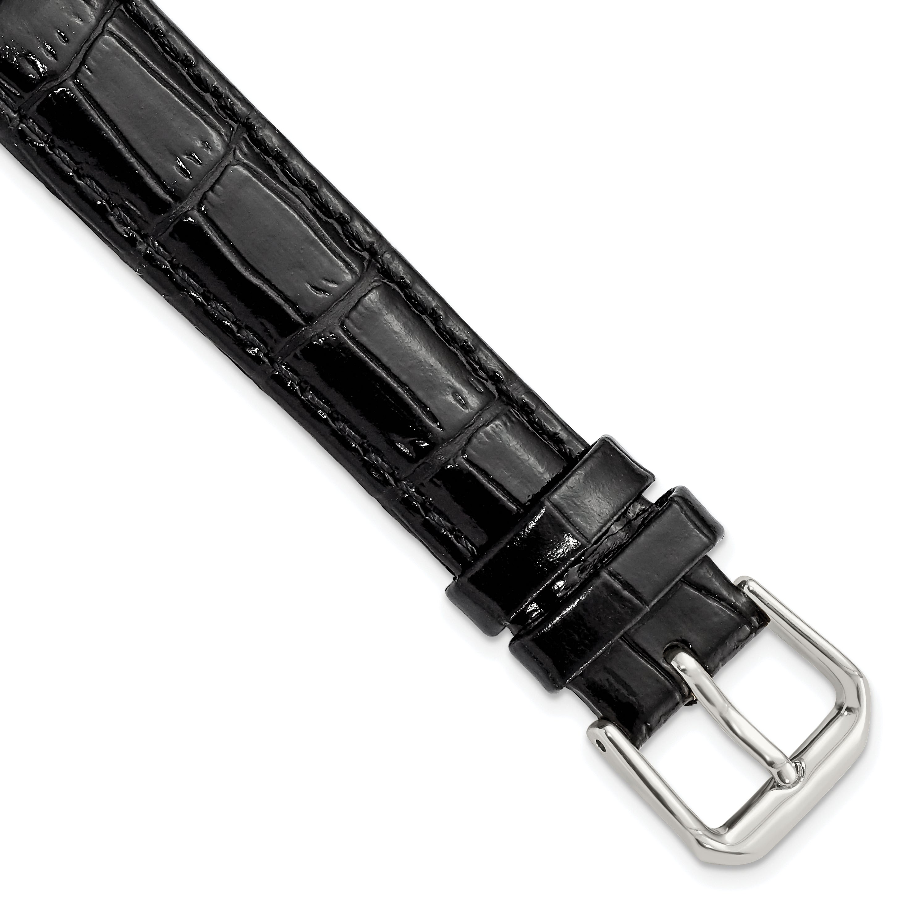 DeBeer 16mm Black Crocodile Grain Leather with Dark Stitching and Silver-tone Buckle 7.5 inch Watch Band