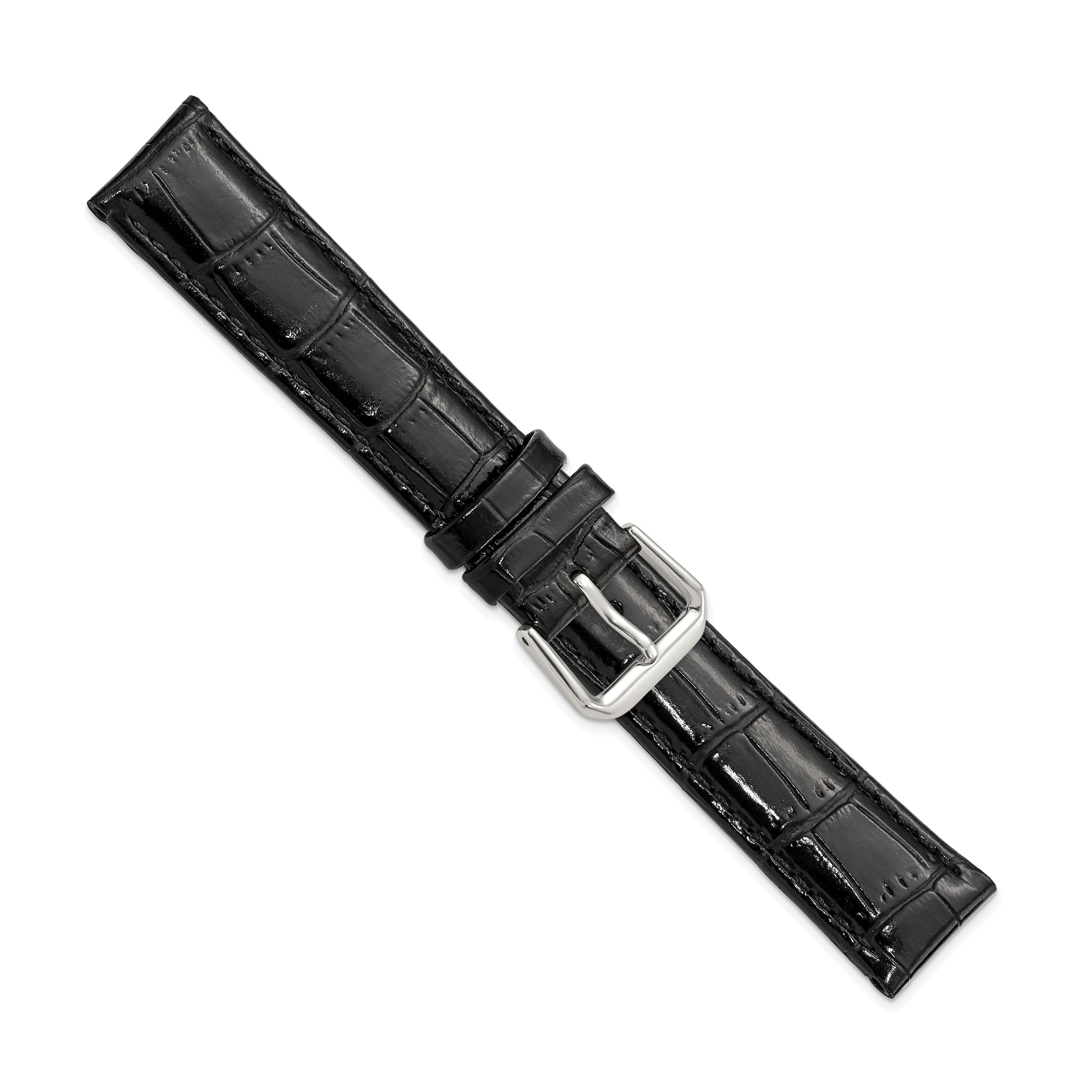 10mm Black Crocodile Grain Leather with Dark Stitching and Silver-tone Buckle 6.75 inch Watch Band