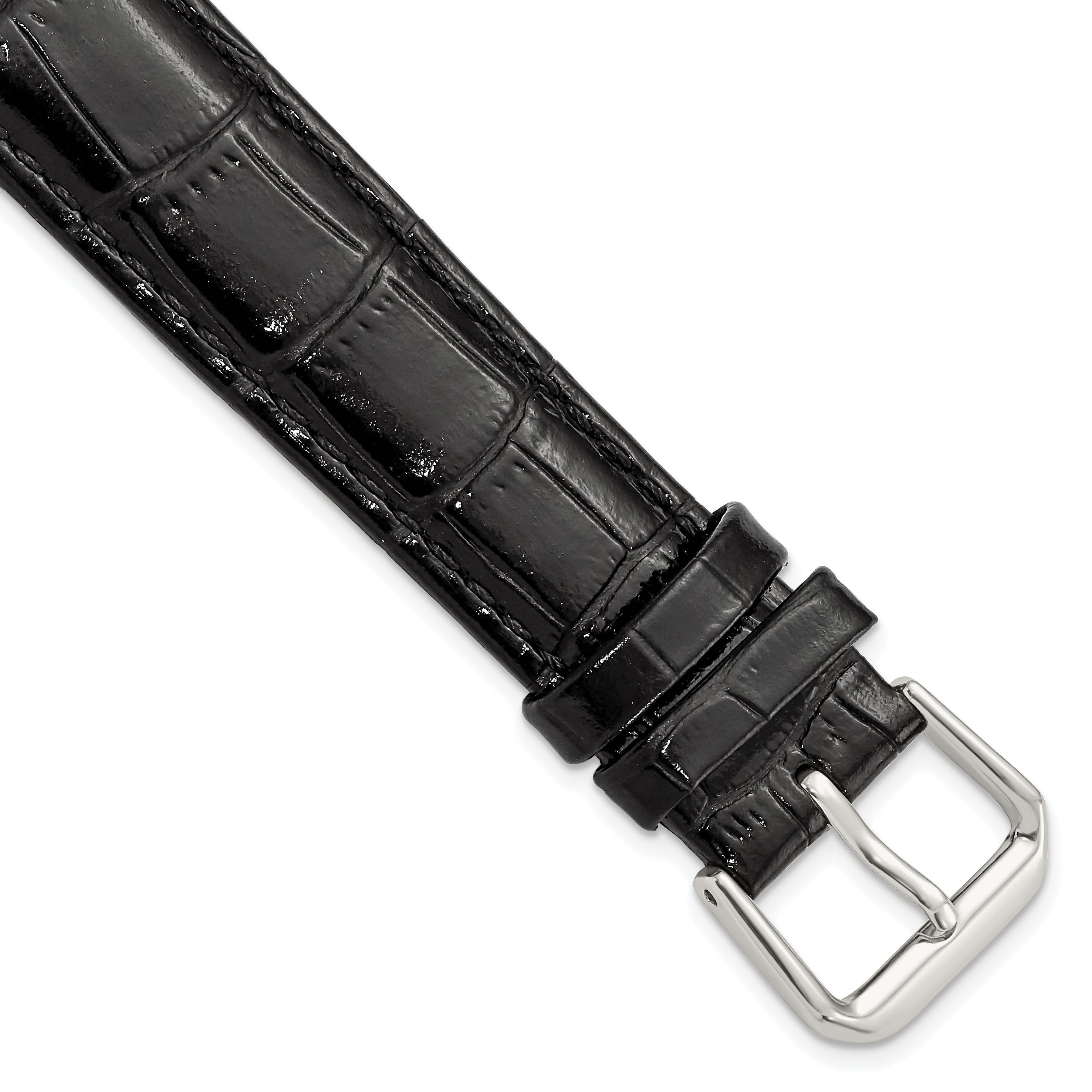 DeBeer 18mm Black Crocodile Grain Leather with Dark Stitching and Silver-tone Buckle 7.5 inch Watch Band