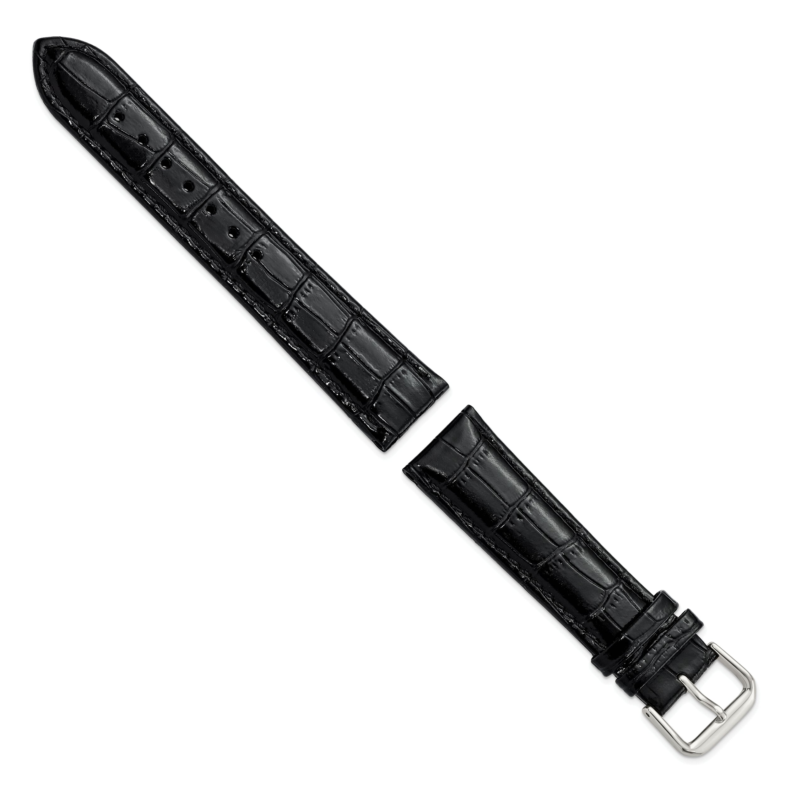 10mm Black Crocodile Grain Leather with Dark Stitching and Silver-tone Buckle 6.75 inch Watch Band