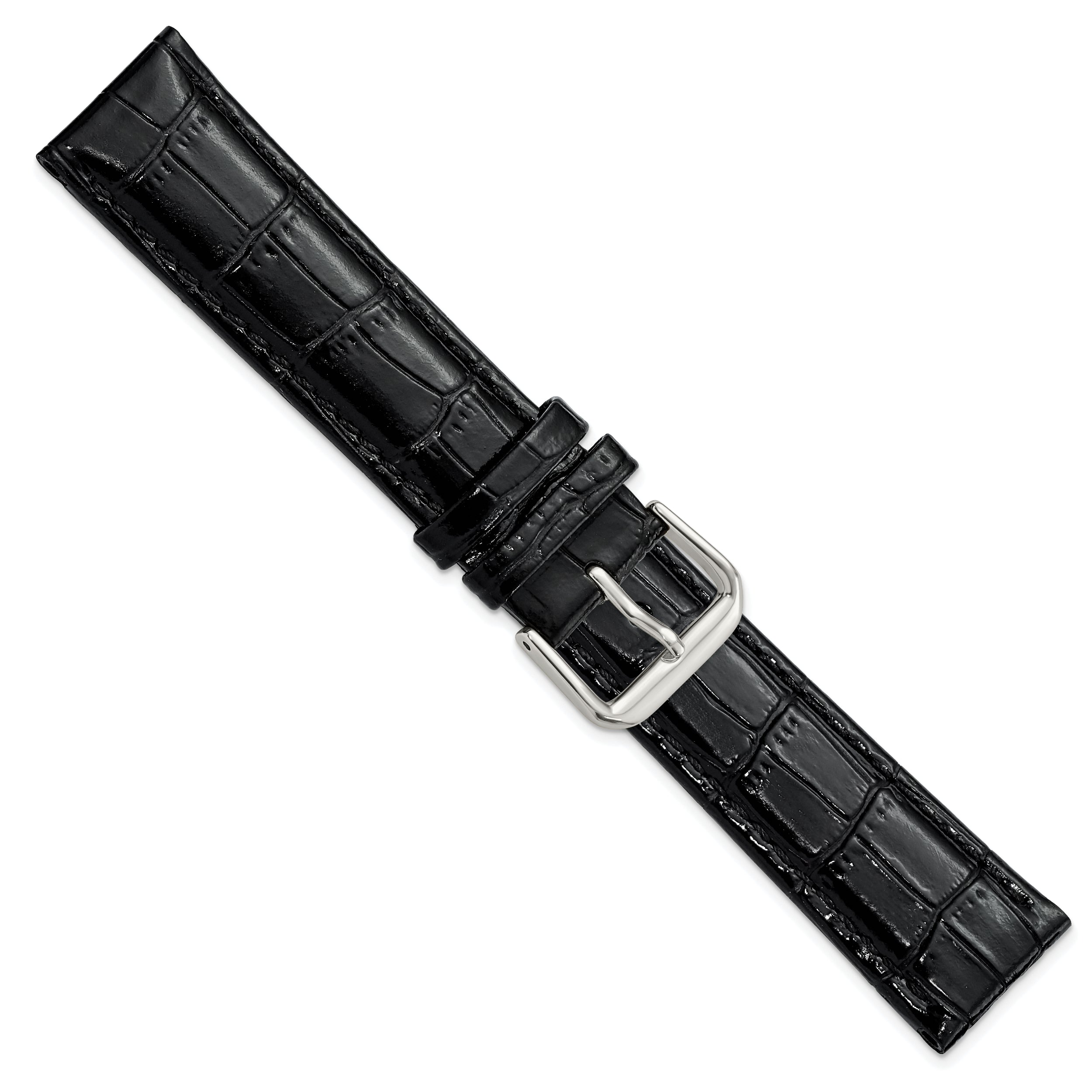 10mm Black Crocodile Grain Leather with Dark Stitching and Silver-tone Buckle 6.75 inch Watch Band