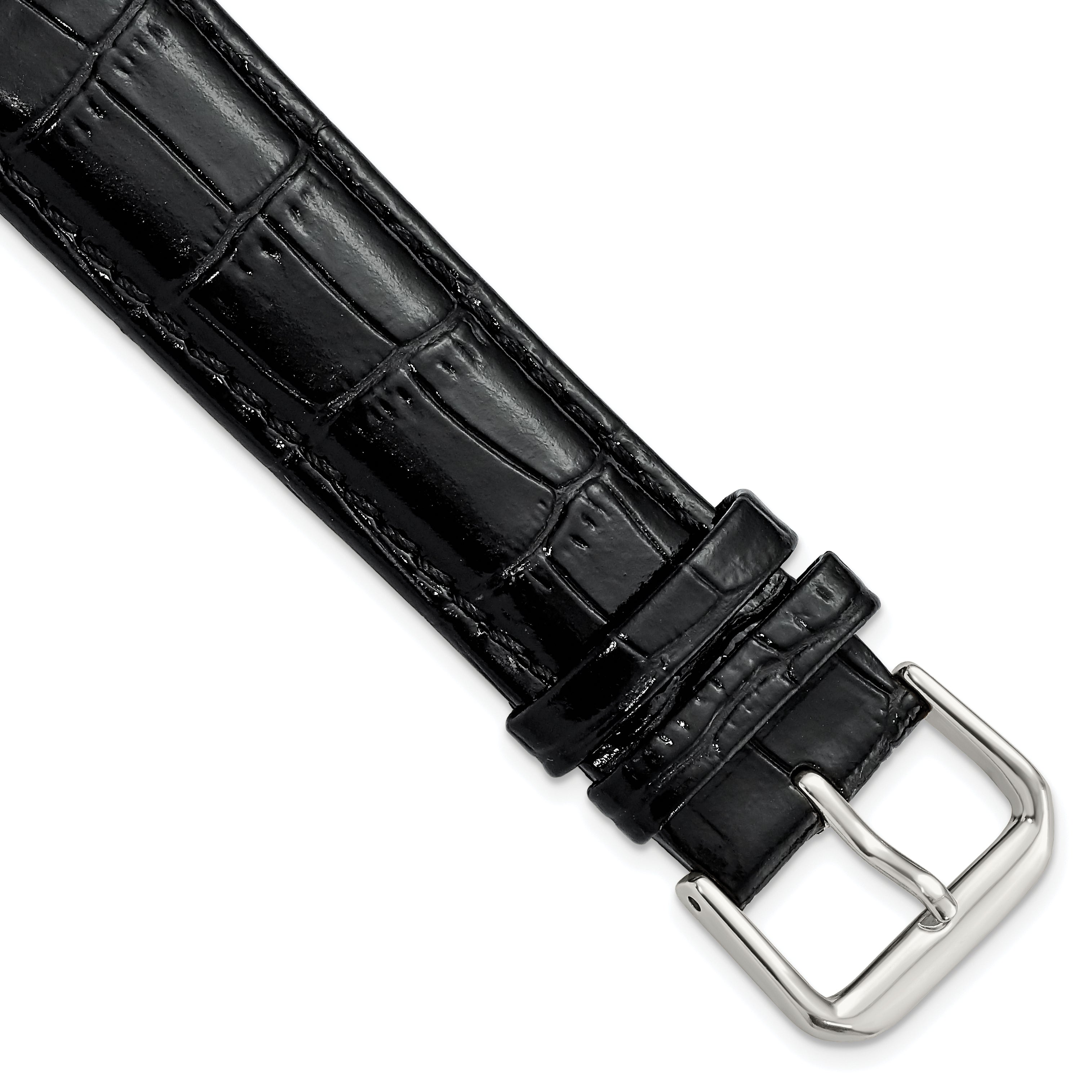 DeBeer 20mm Black Crocodile Grain Leather with Dark Stitching and Silver-tone Buckle 7.5 inch Watch Band