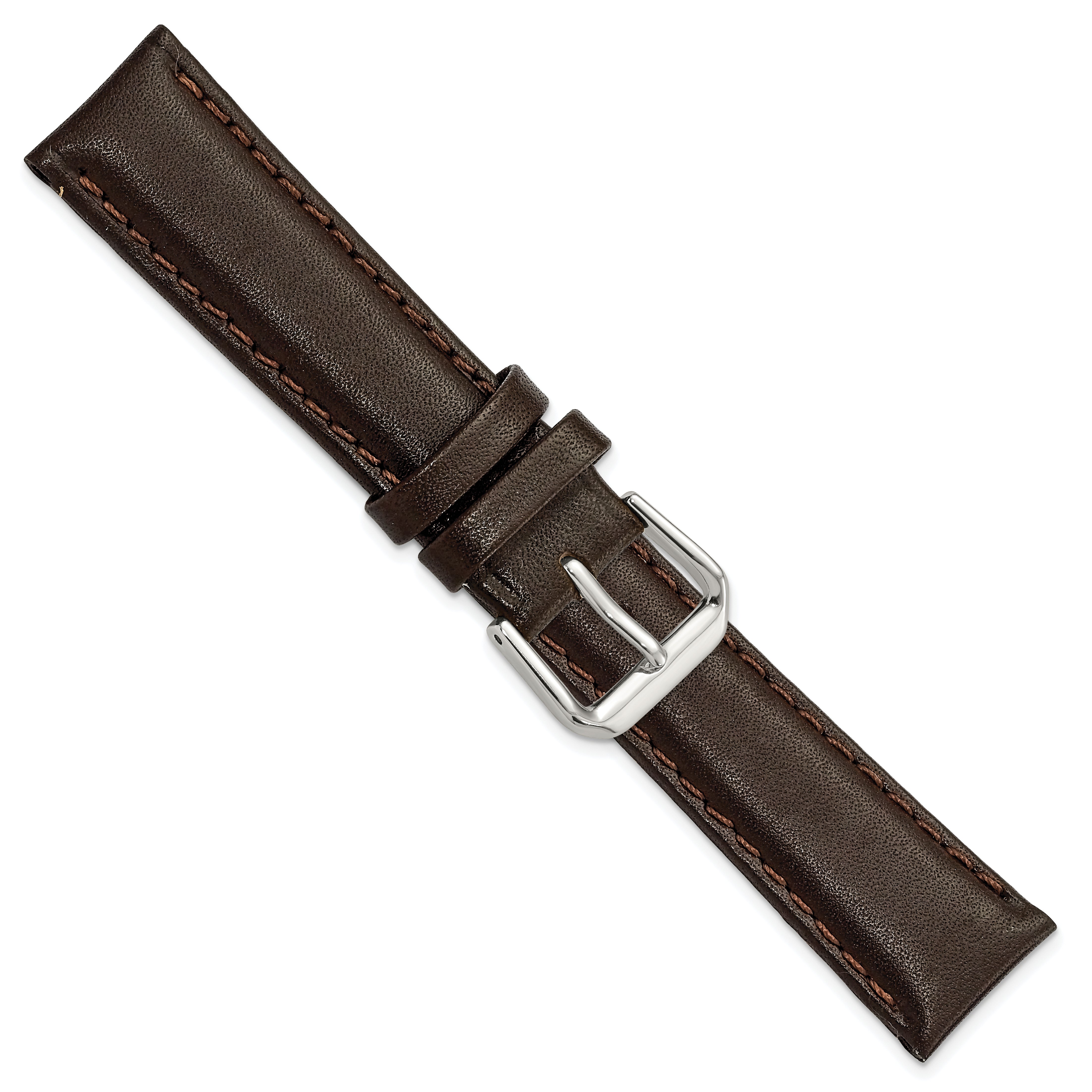 12mm Short Dark Brown Smooth Leather with Silver-tone Buckle 6.25 inch Watch Band