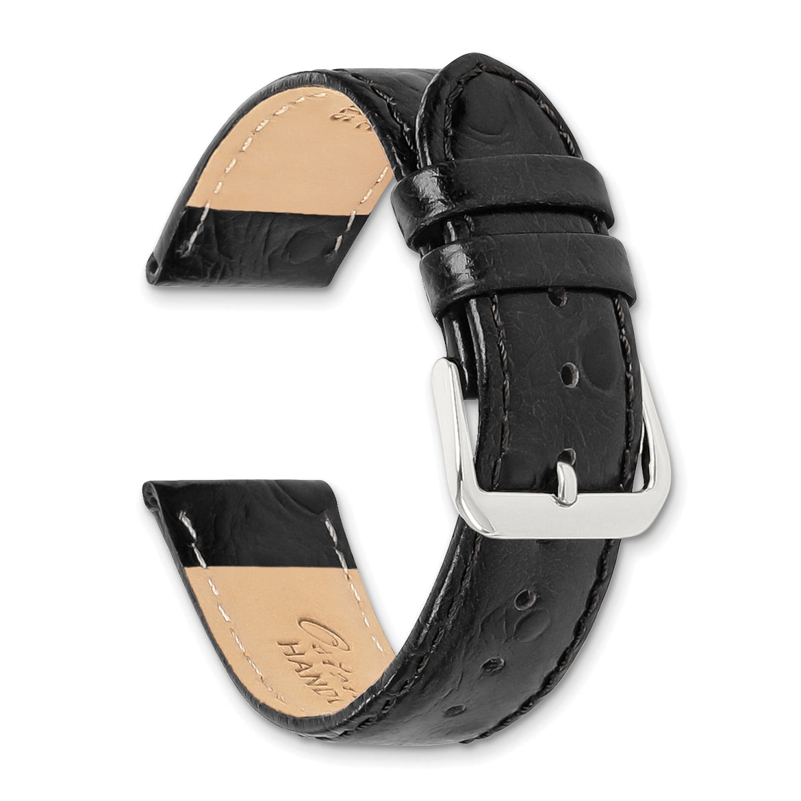 12mm Black Ostrich Grain Leather with Silver-tone Buckle 6.75 inch Watch Band